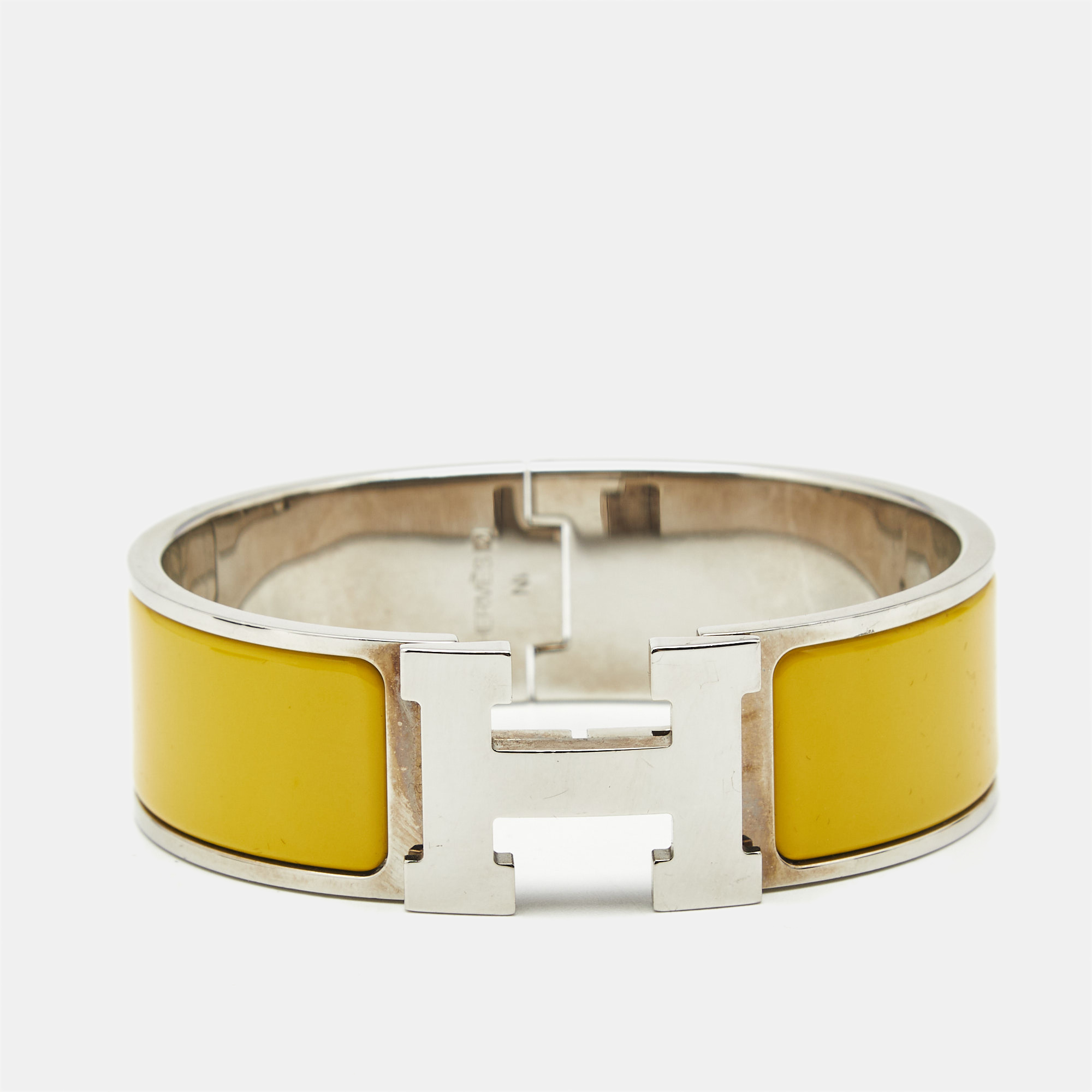 Pre-owned Hermes Hermès Clic Clac H Yellow Enamel Palladium Plated Bracelet