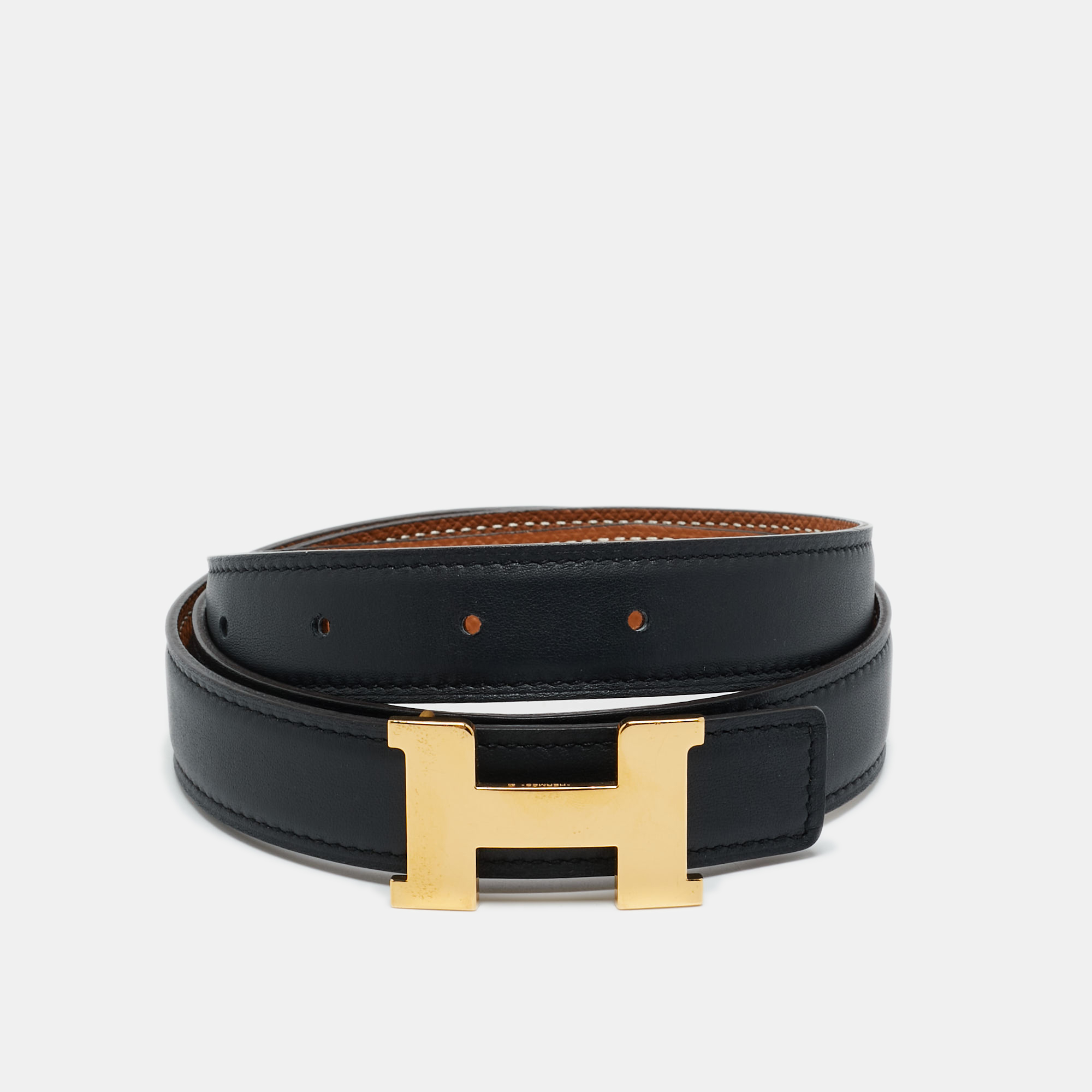Pre-owned Hermes Gold/noir Epsom And Swift Leather Constance Reversible Slim Belt 80 Cm In Brown