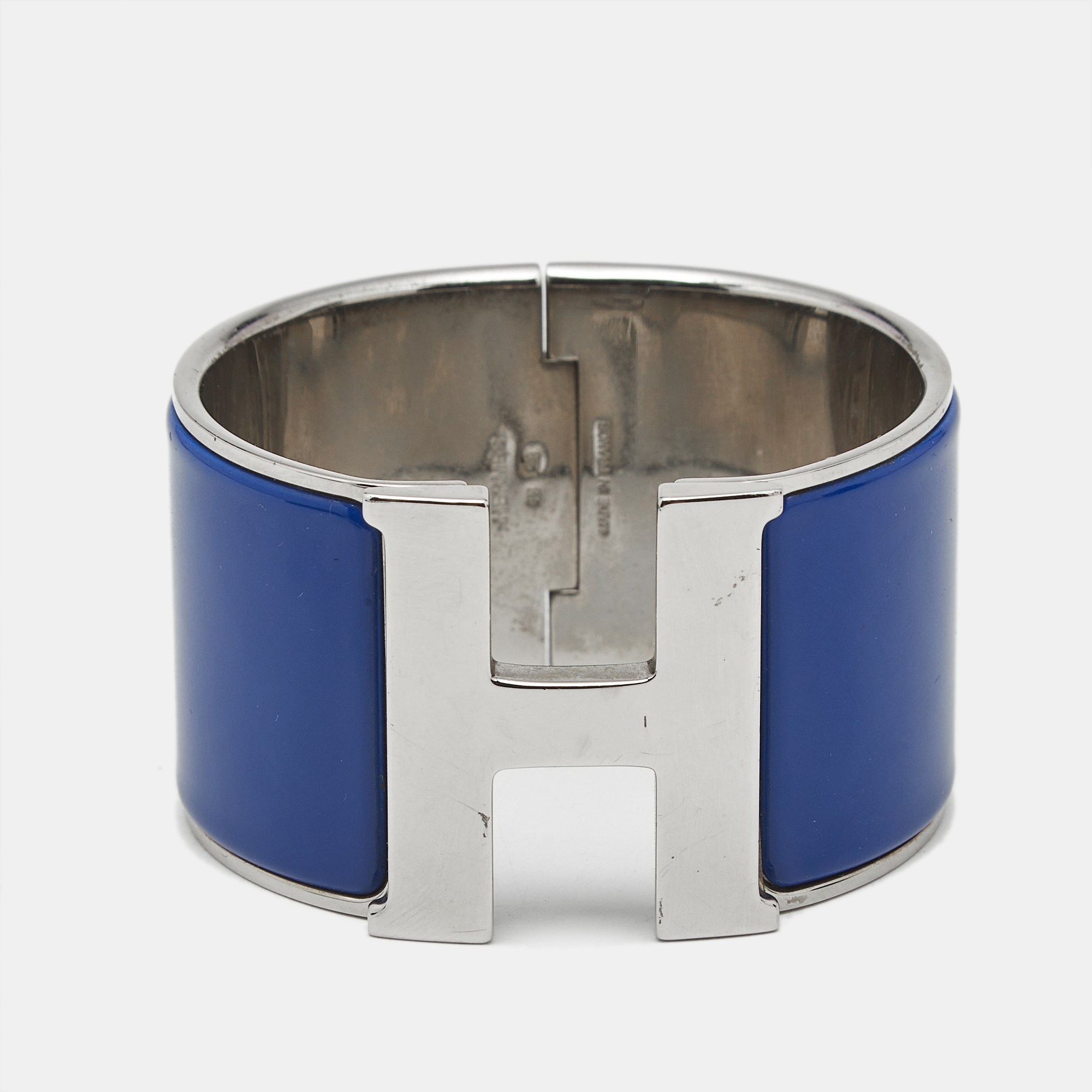 Pre-owned Hermes Hermès Clic Clac H Enamel Palladium Plated Extra Wide Bracelet In Blue