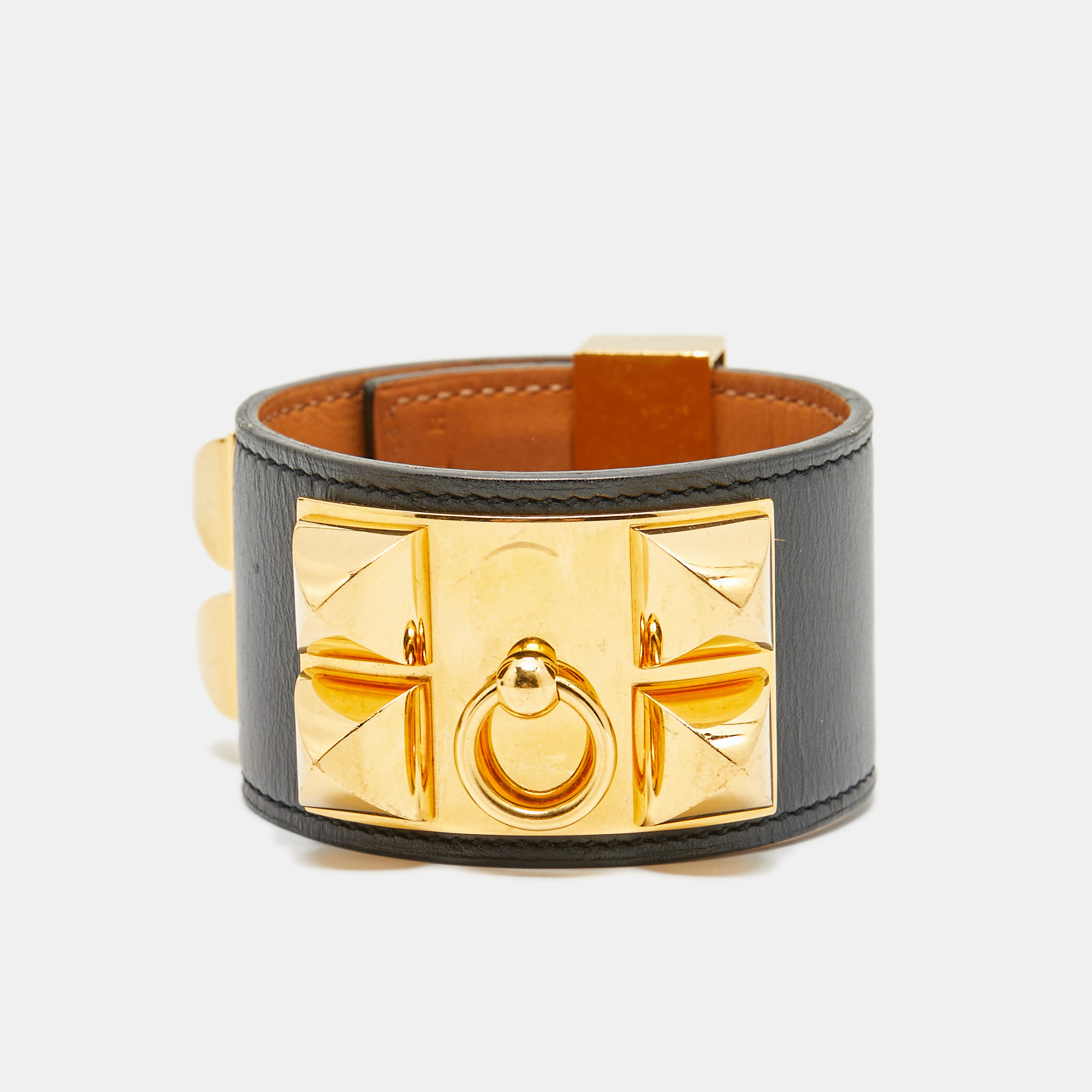 Herm&egrave;s Collier De Chien Black Leather Gold Plated Bracelet S