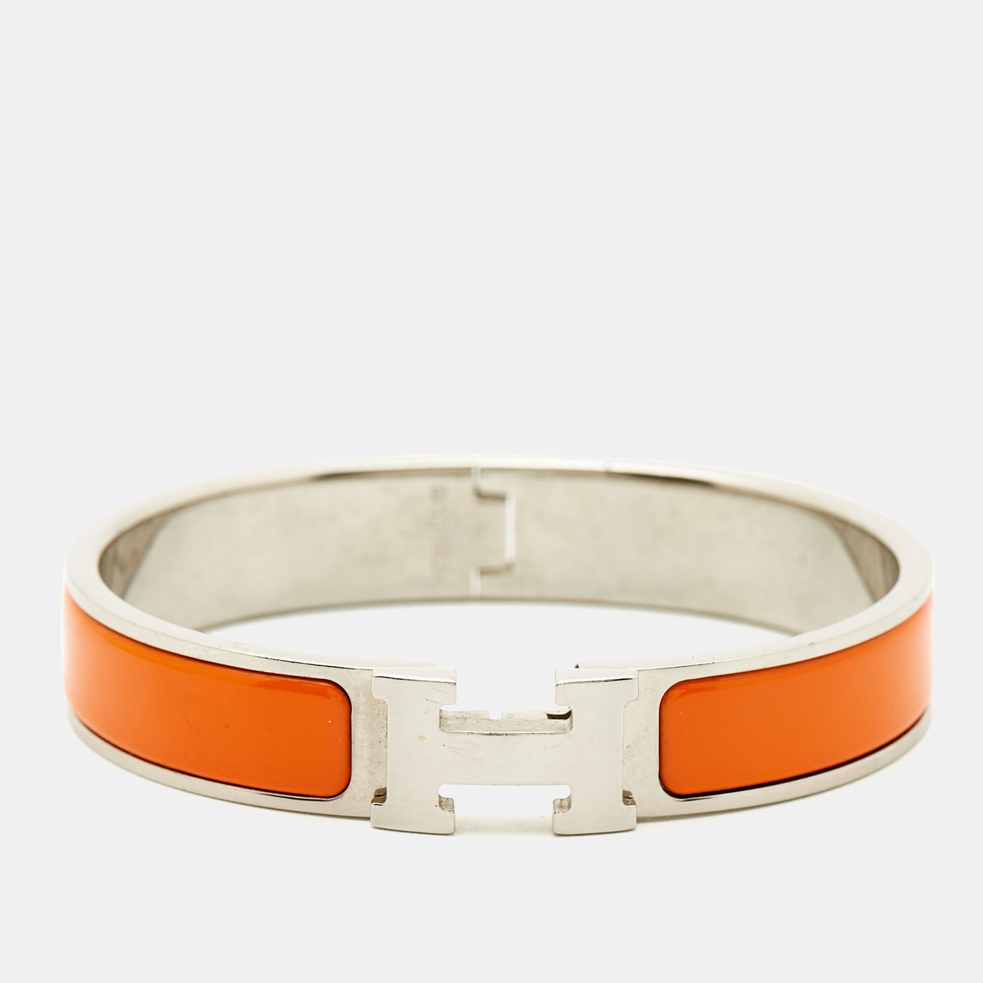 Pre-owned Hermes Clic H Orange Enamel Palladium Plated Bracelet