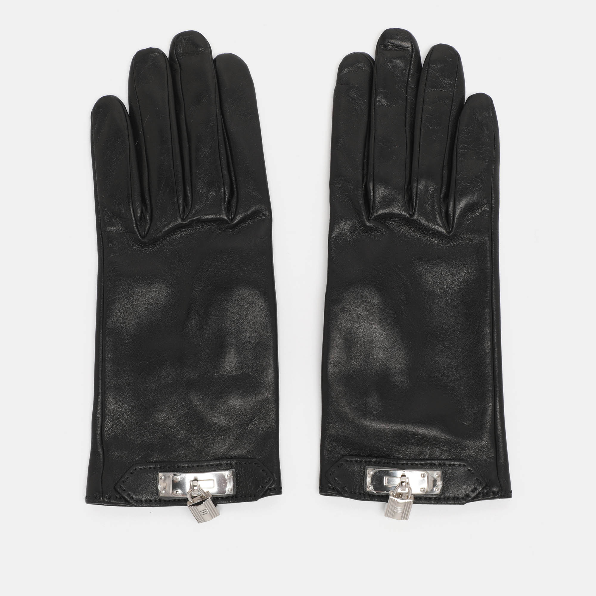 

Hermès Noir Leather Soya Kelly Lock Gloves Size, Black