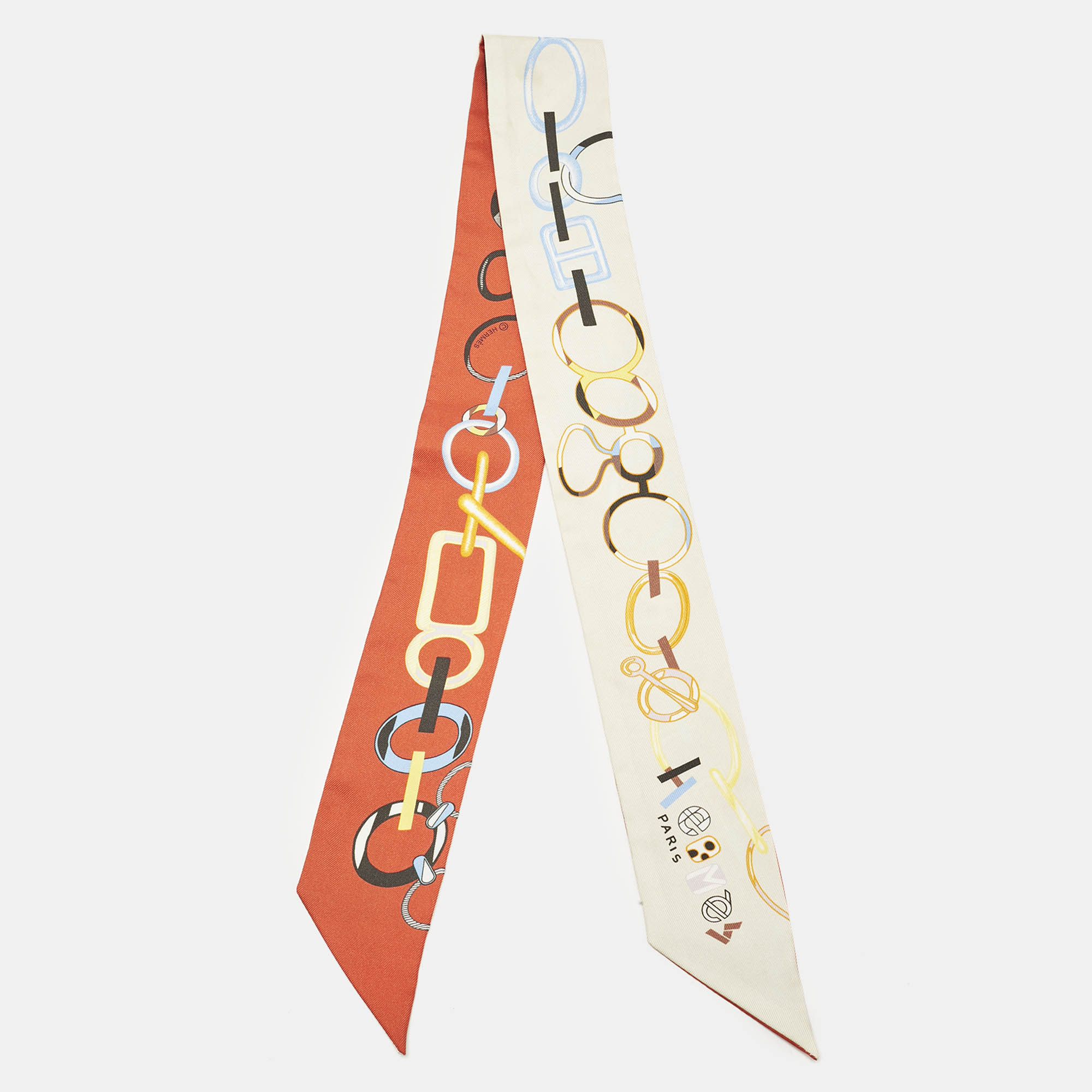 Pre-owned Hermes Hermès Orange/off-white Do Re Boucles Silk Twilly