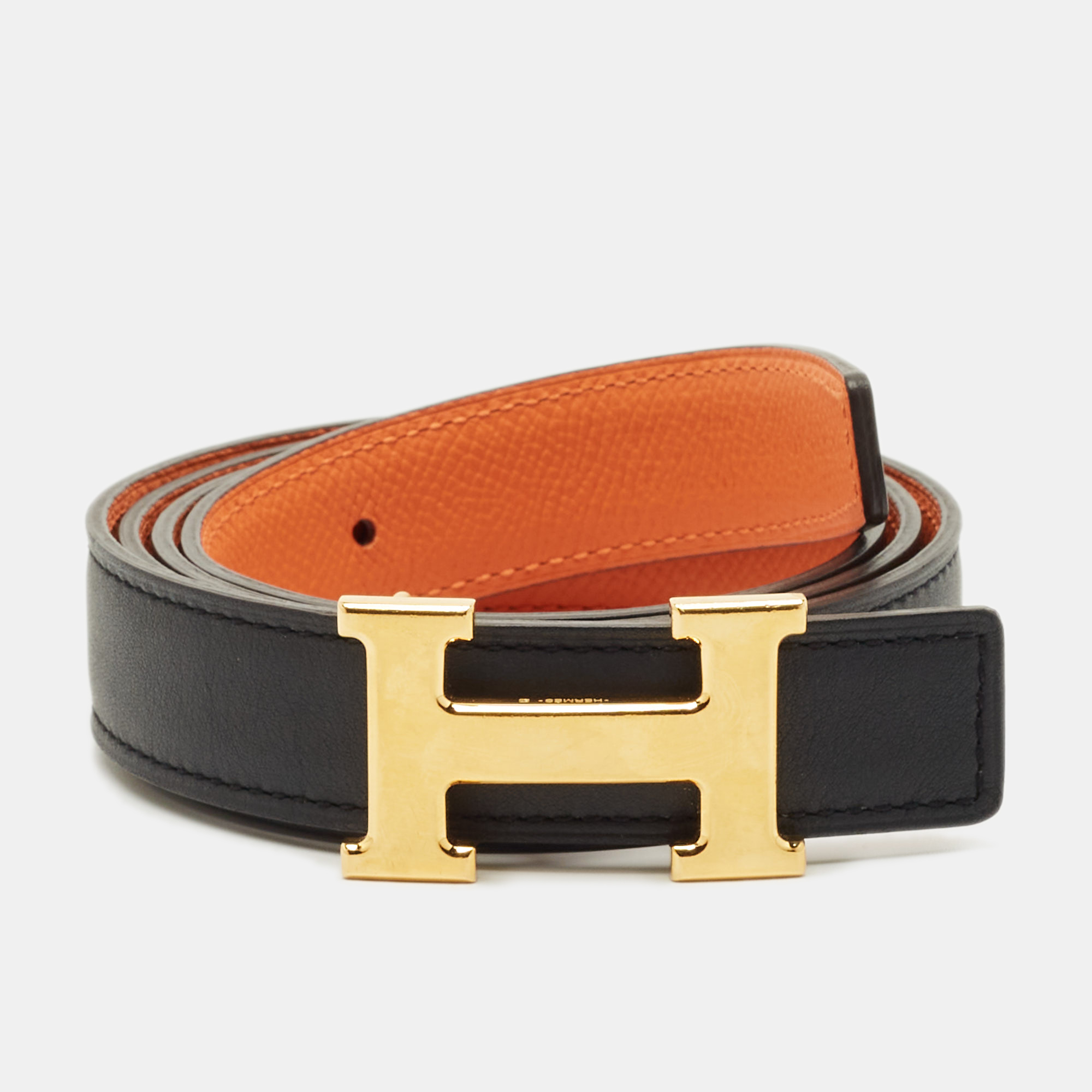 Hermes Black/Orange Chamonix and Epsom Leather Mini H Buckle Belt 110CM