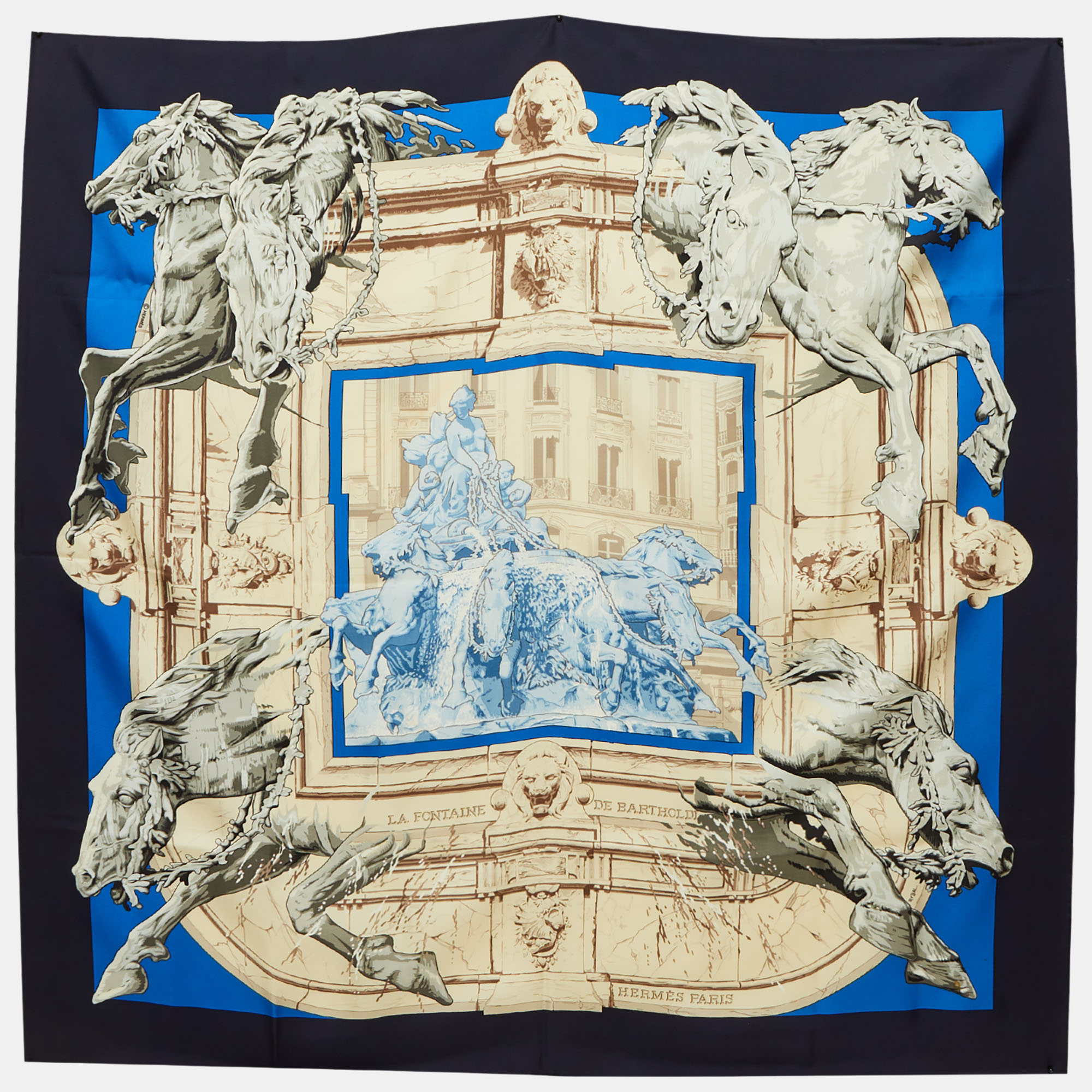 

Hermès Navy Blue La Fontaine De Bartholdi Silk Scarf