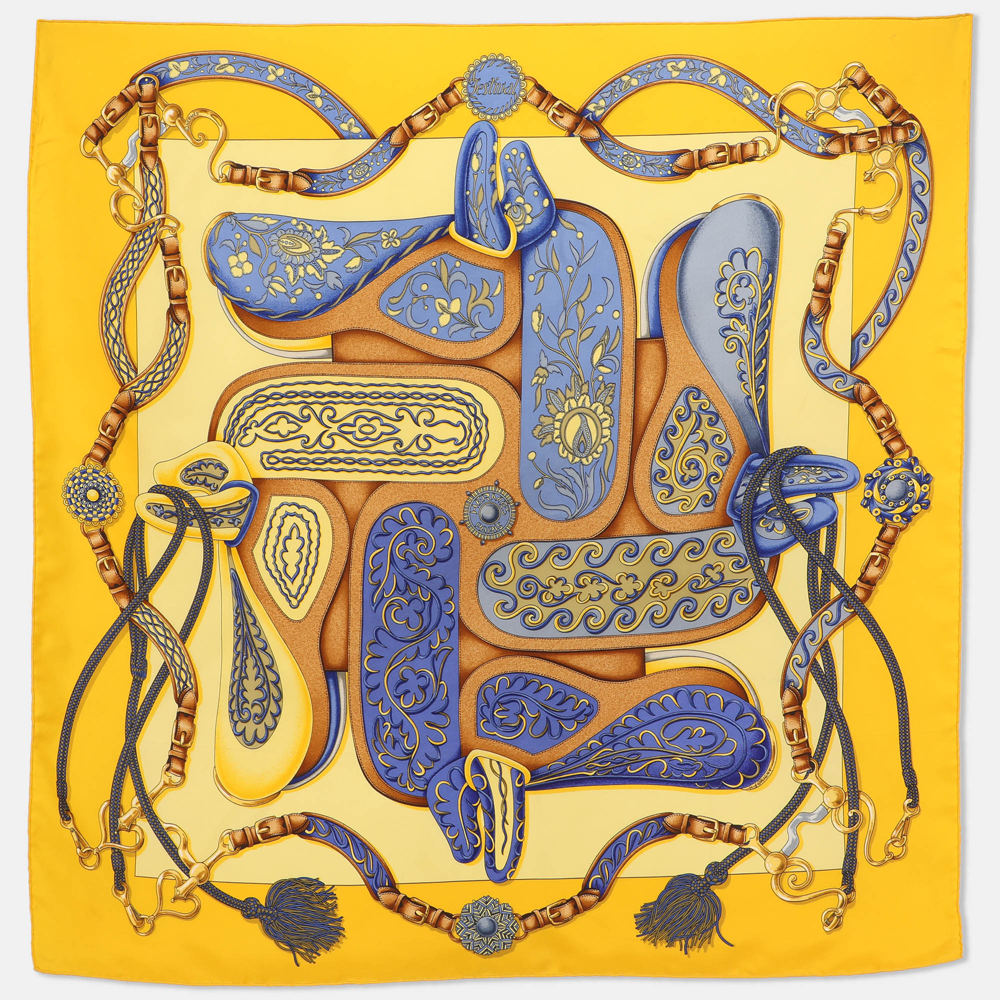 

Hermès Yellow Multicolor Printed Silk Festival Scarf