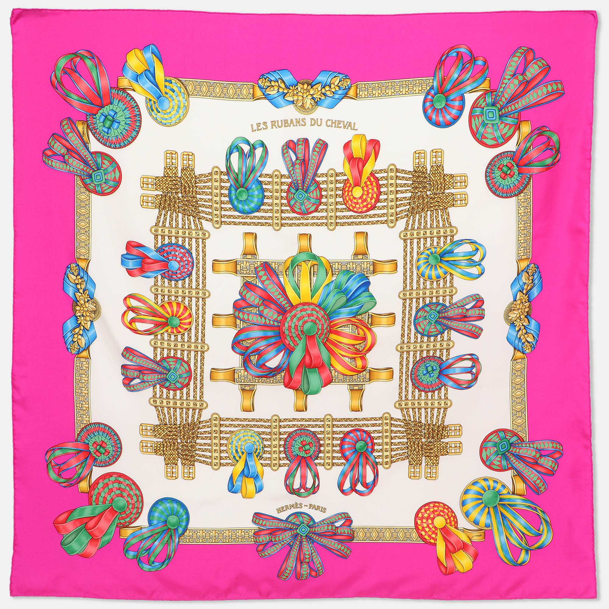 

Hermes Pink Multicolor Printed Silk Les Rubans Du Cheval Scarf