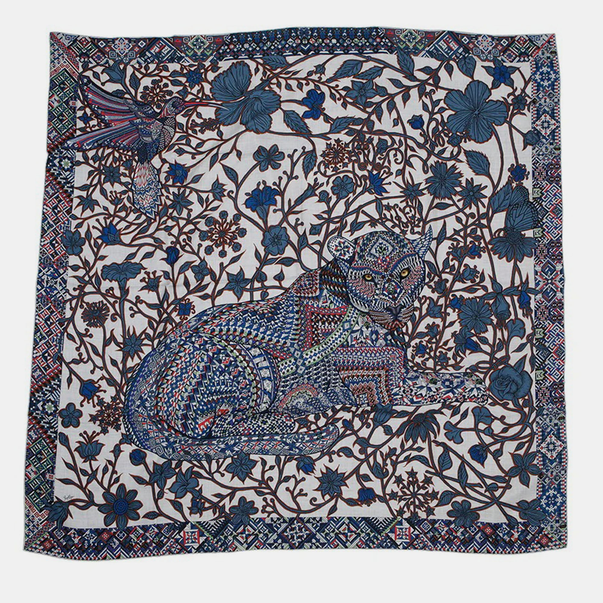 

Hermes Giant Square Le Jaguar Et Le Colib The Jaguar And The Hummingbird Gris Cine/Blue/Acajou Cashmere SIlk 140 Scarves
