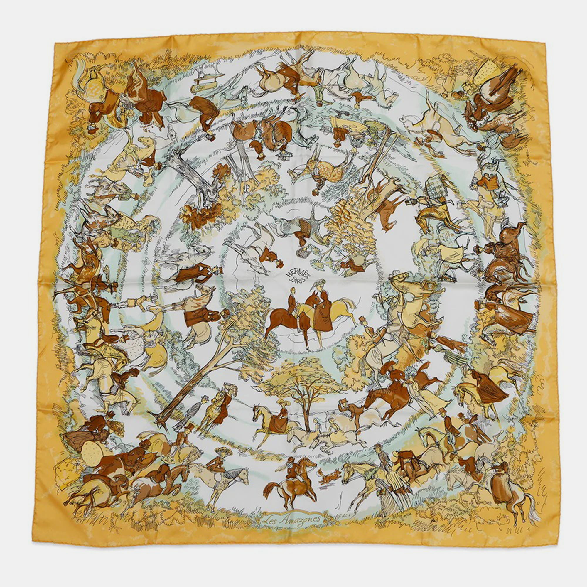

Hermes Carre Les Amazones Lady On Horseback 90 Yellow/Multicolor Silk Scarves