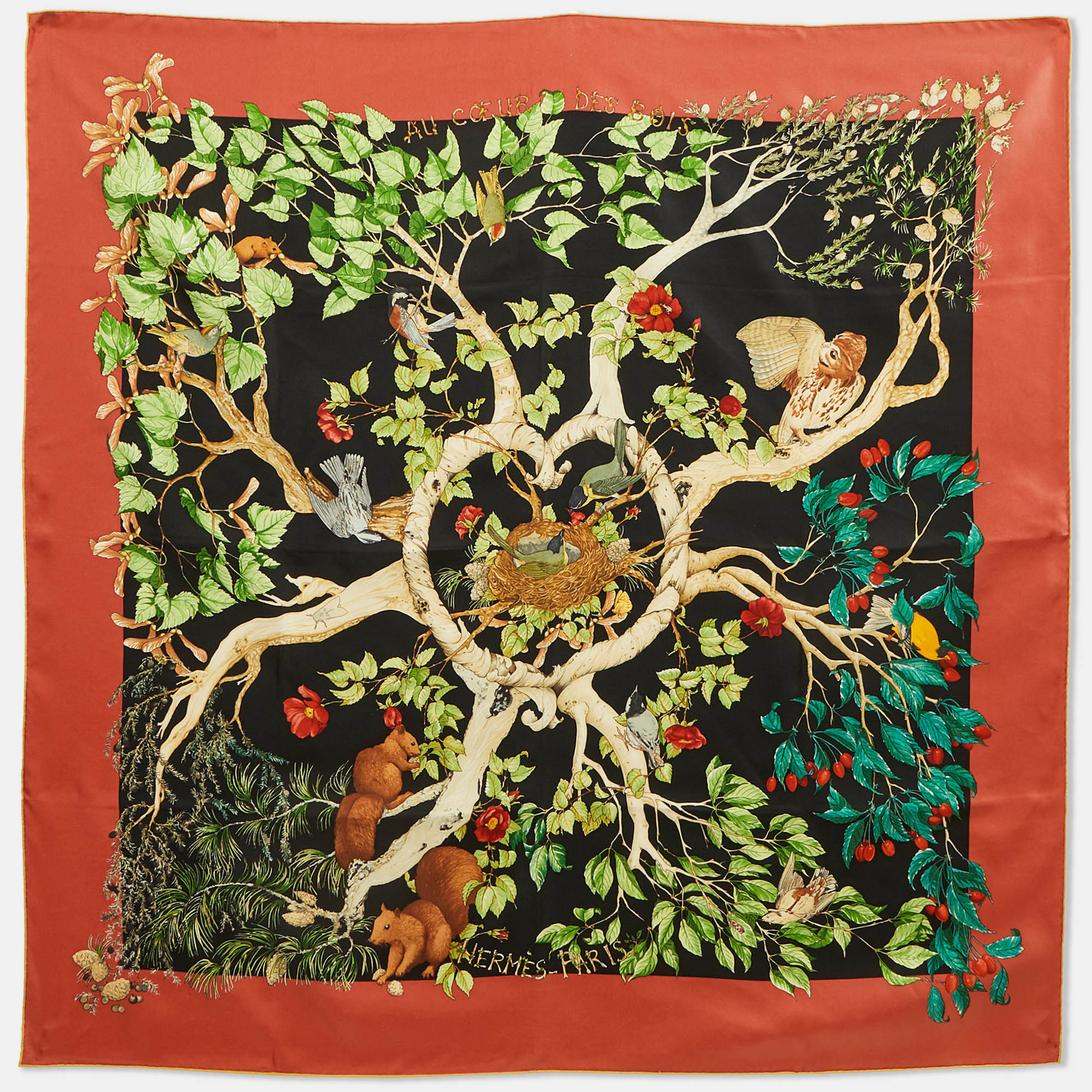 

Hermès Orange/Black Au Coeur des Bois Silk Scarf, Multicolor