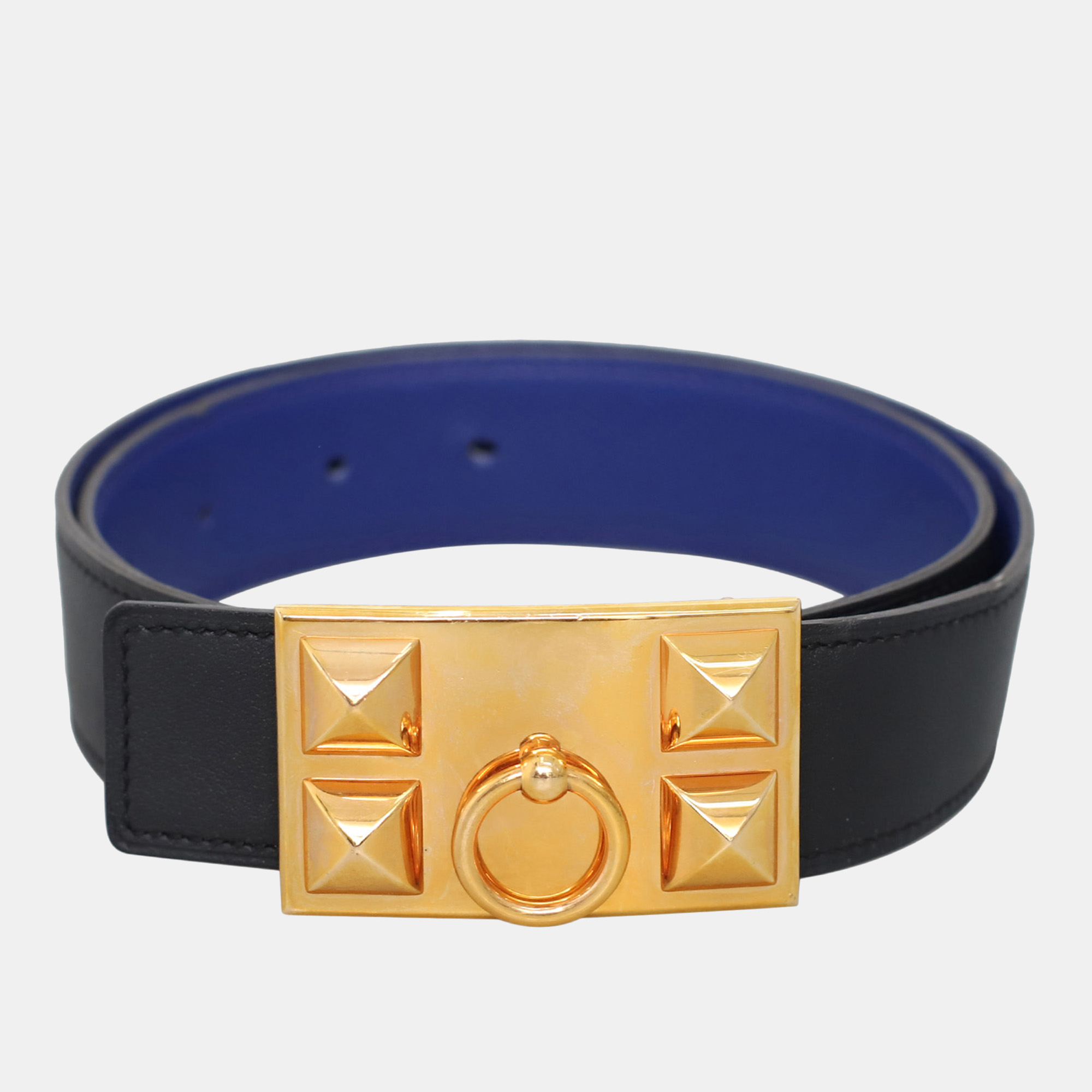 Pre-owned Hermes Reversible Leather Belt With Collier De Chien Buckle In Blue