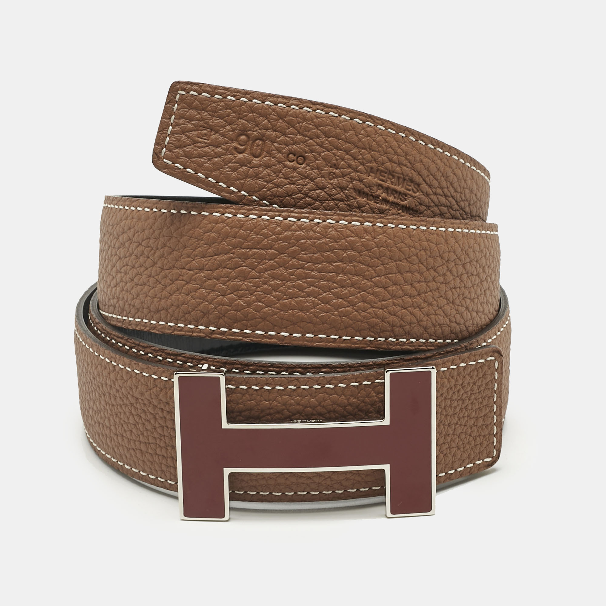 

Hermès Gold/Black Togo and Box Leather Quizz Reversible Belt 90CM, Brown