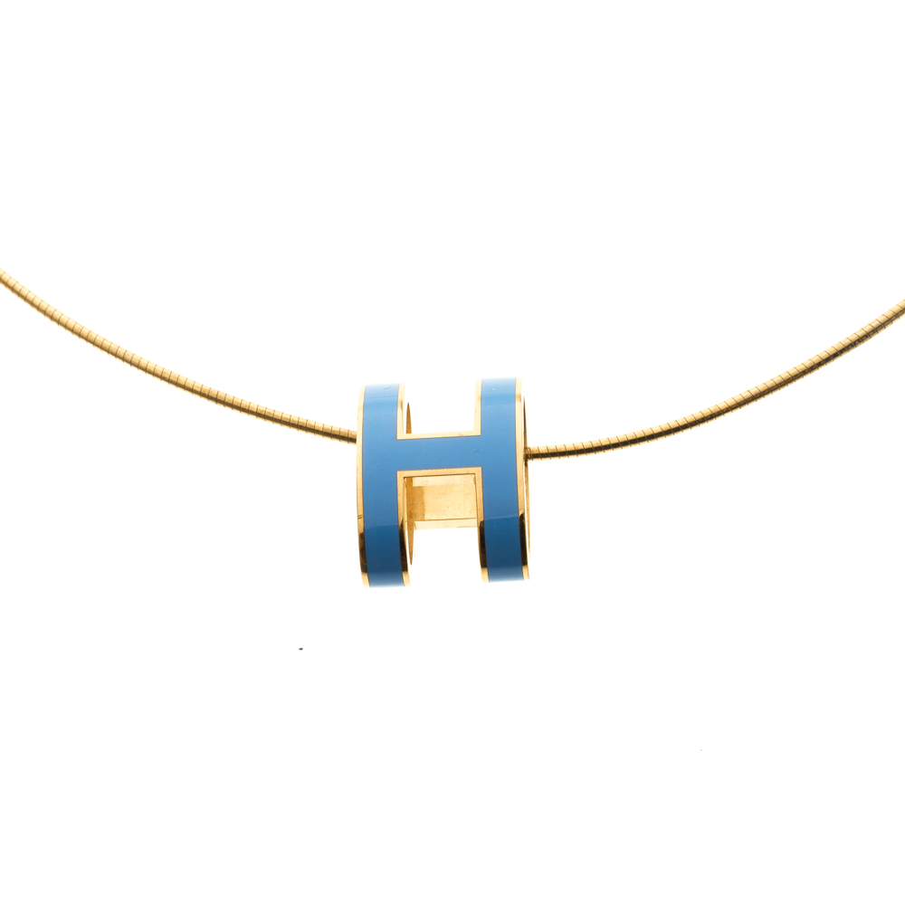 Hermes Pop H Blue Lacquer Gold Plated Pendant Necklace 