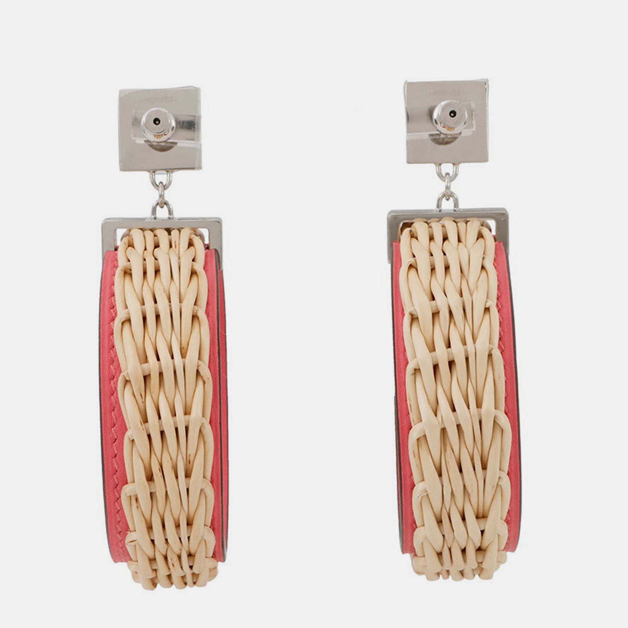 Pre-owned Hermes Medor Picnic Earrings Size Gm Pink/natural Swift Leather Willow