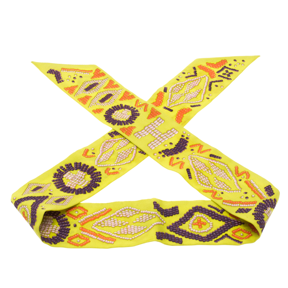 Pre Owned Hermes Lime Green Kelly en Perles Silk Twilly Scarf