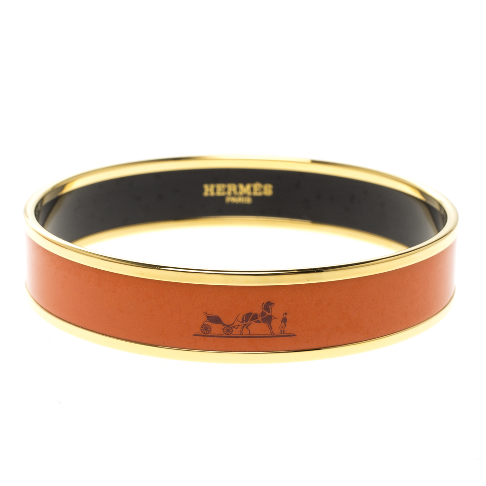 Hermes Caleche Orange Enamel Gold Plated Bangle Bracelet