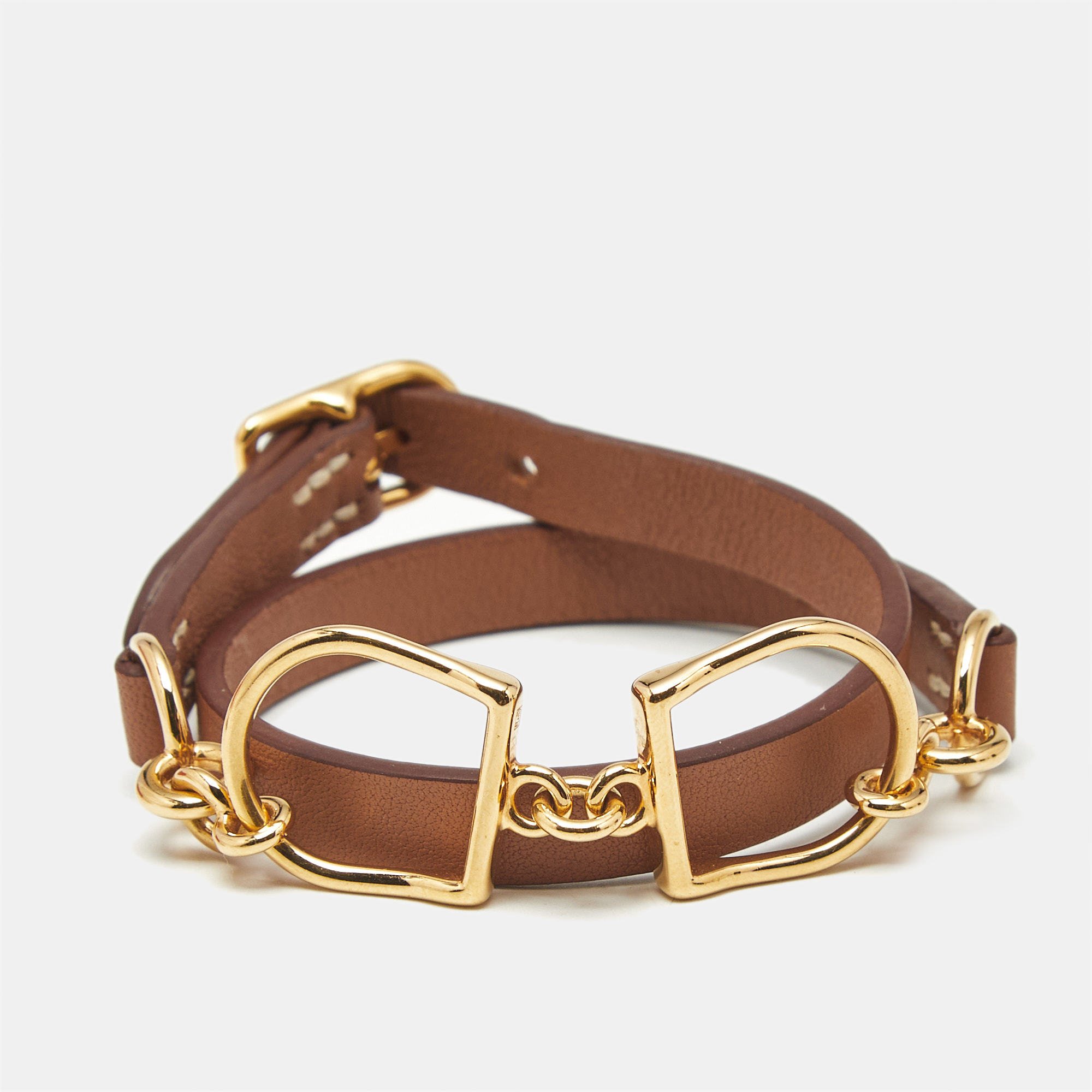 Pre-owned Hermes Hermès Etrier Double Brown Leather Gold Tone Tour Bracelet