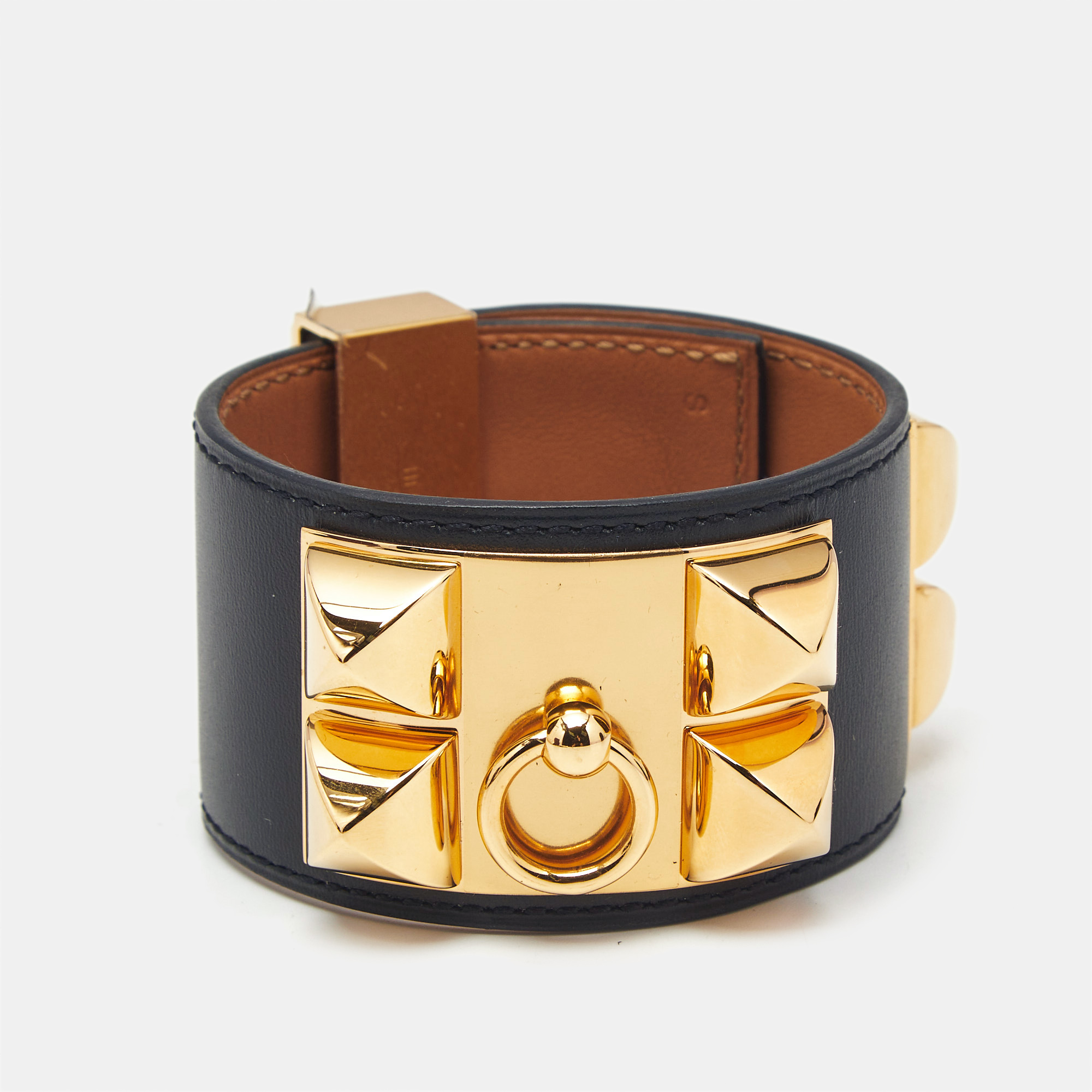 Pre-owned Hermes Hermès Collier De Chien Black Leather Gold Plated Bracelet S