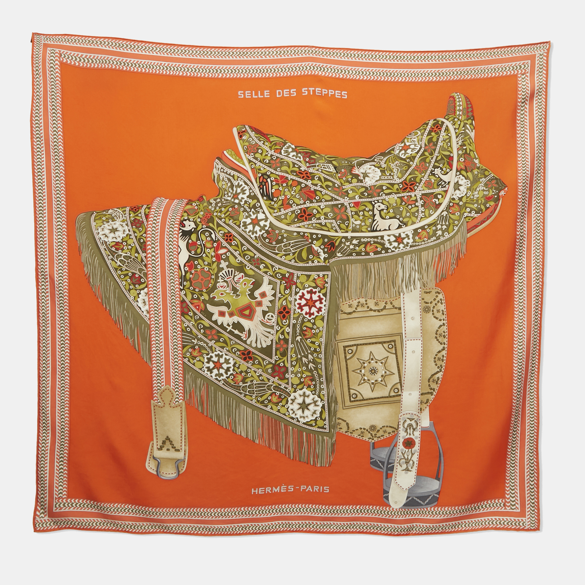 

Hermès Orange Silk Selle Des Steppes Scarf