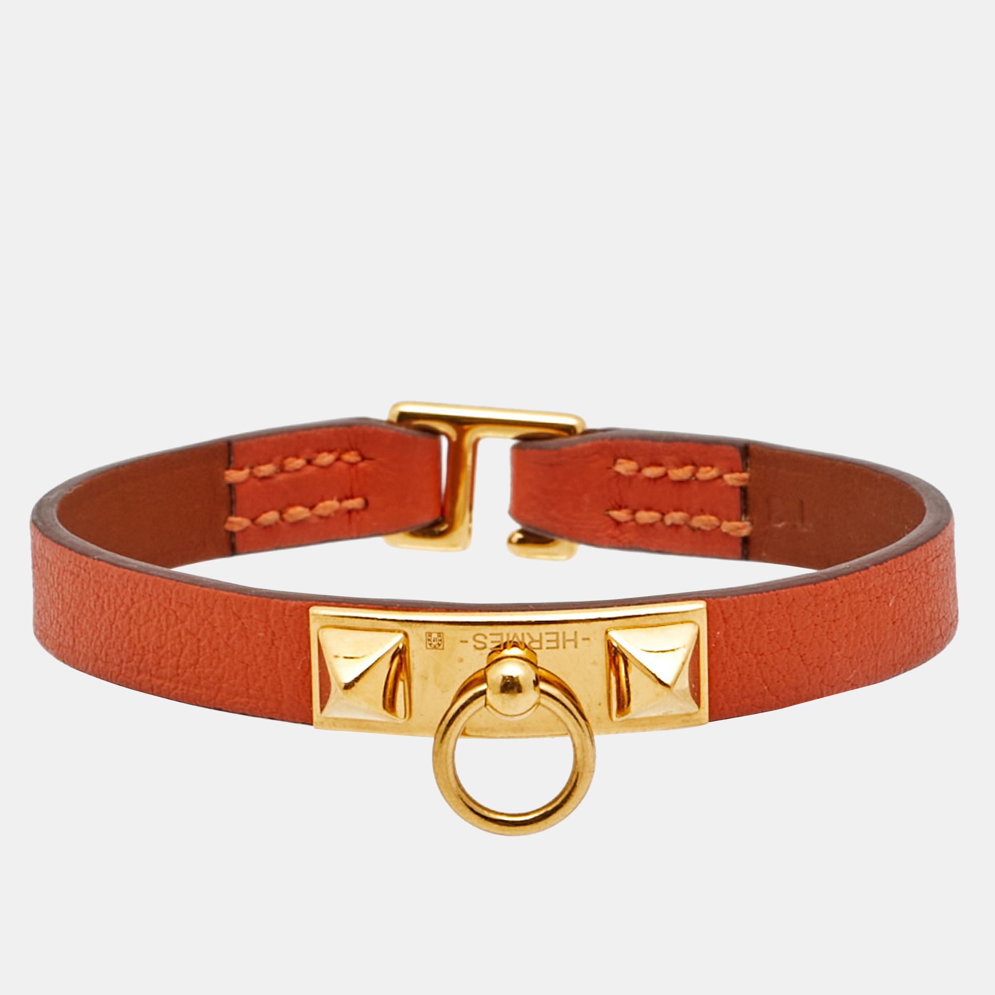 Pre-owned Hermes Rivale Leather Gold Plated Bracelet In Gray
