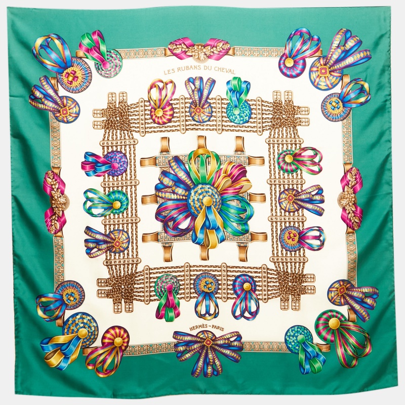 

Hermes Green Les Rubans du Cheval Silk Scarf