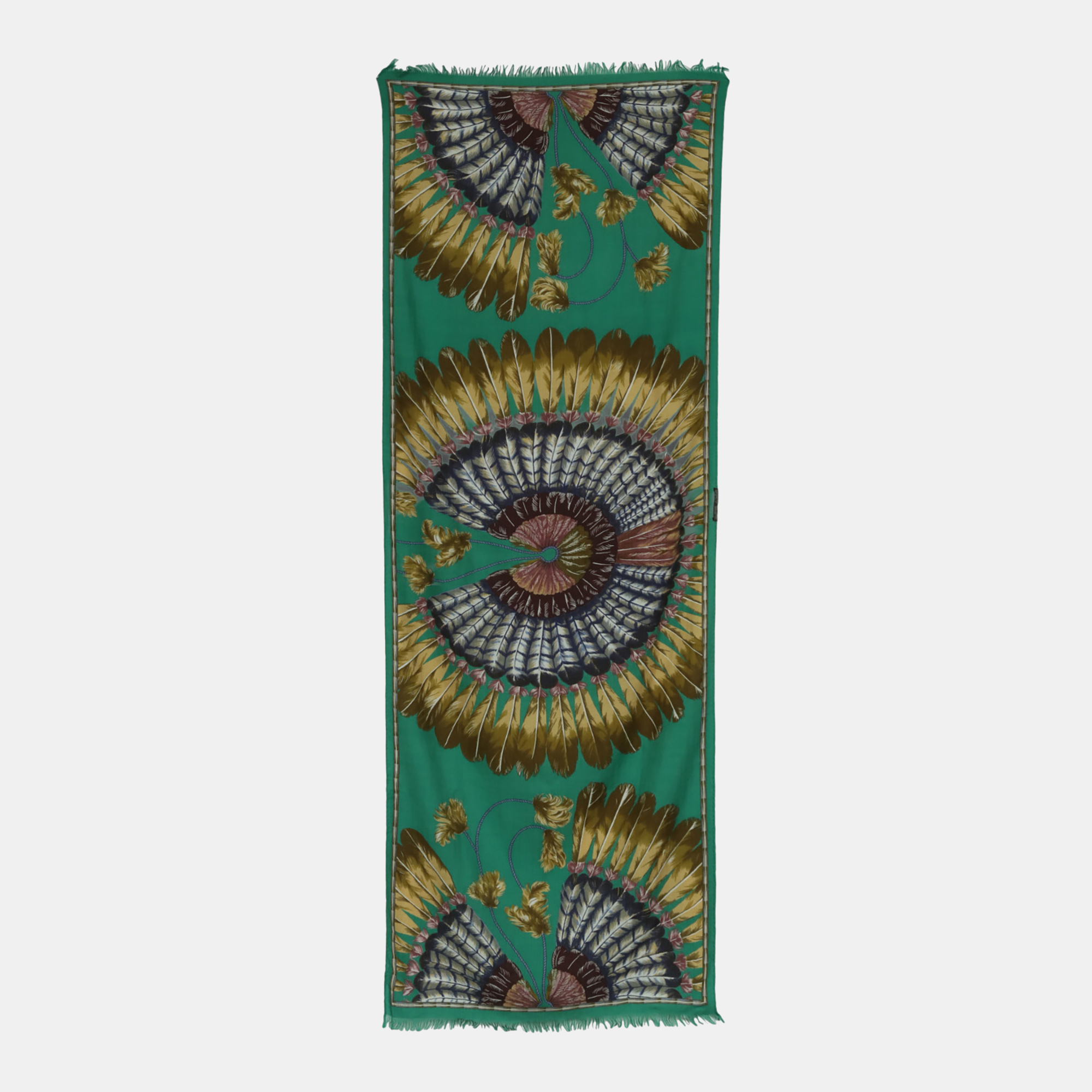 

Hermes Brown/Green Silk Fringe Scarf