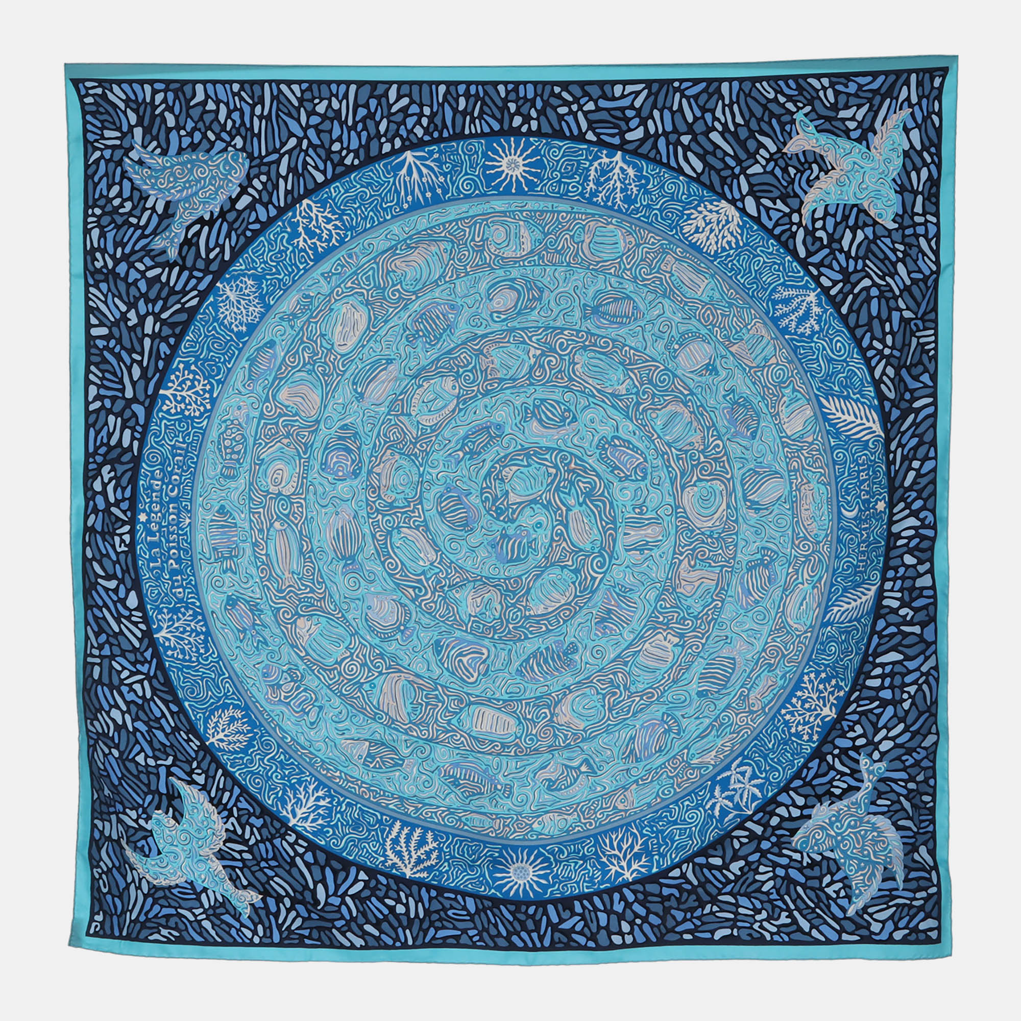 

Hermes La Legende Du Poisson Corail Blue Silk Scarf