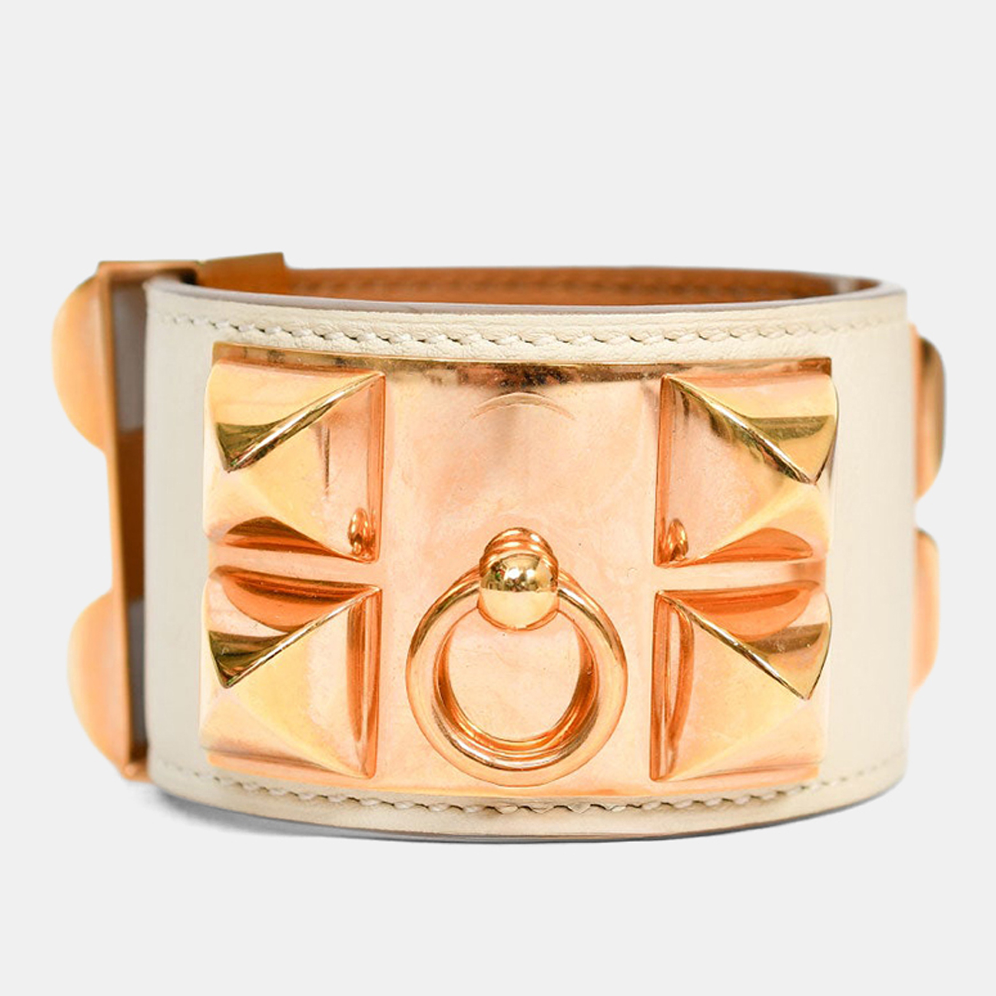 

Hermes 2015 White Leather Gold Tone 'Collier de Chien' Bracelet