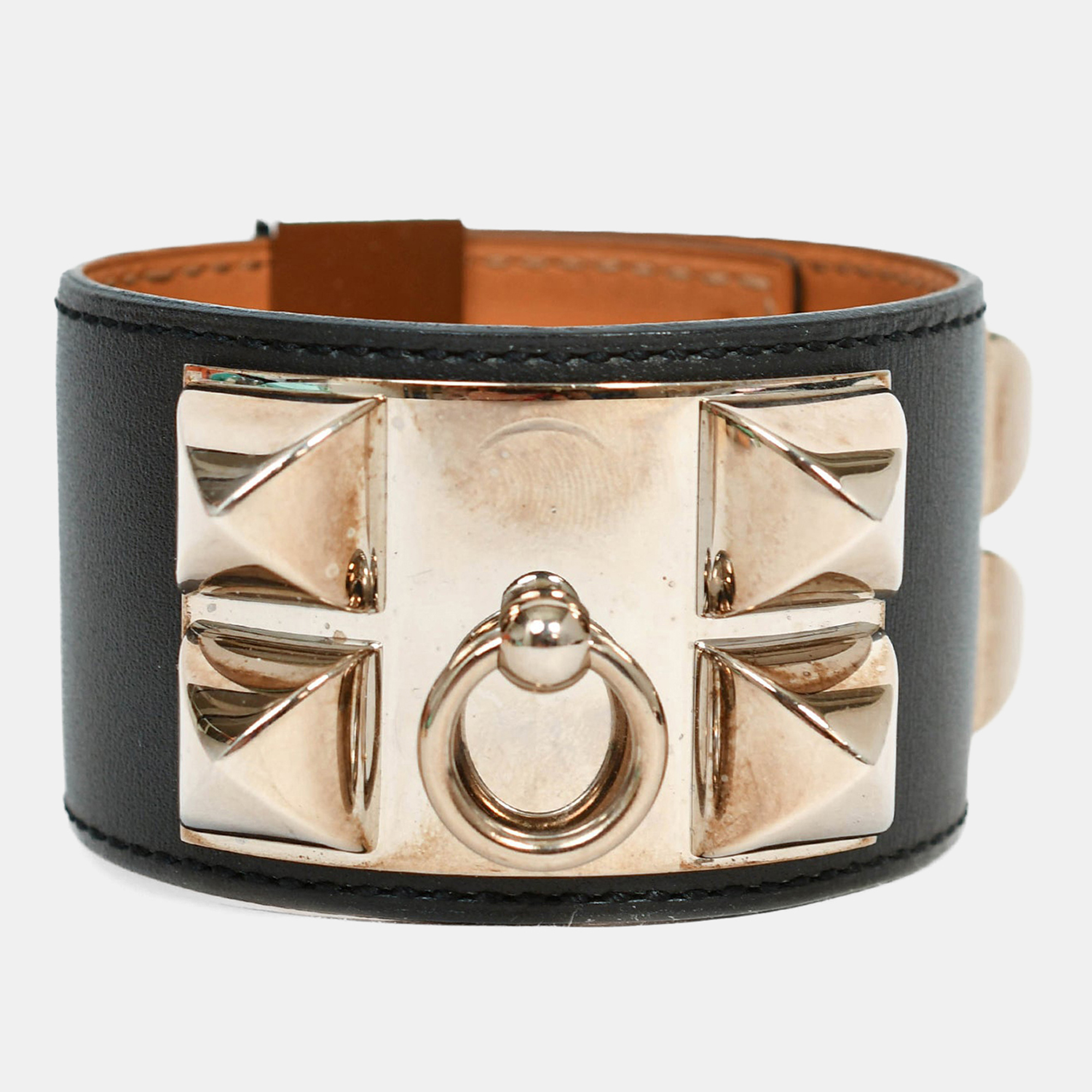 

Hermes 2014 Black Leather Silver Collier de Chien Bracelet