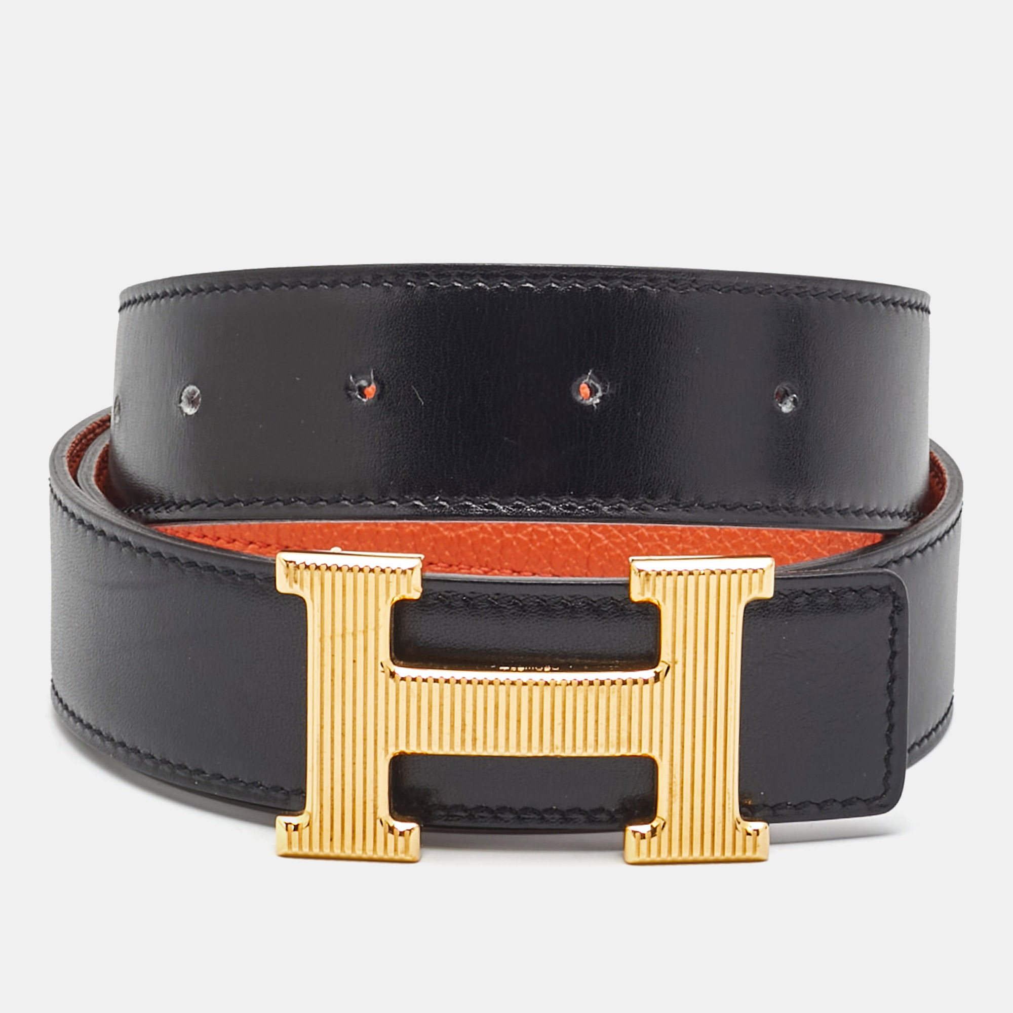Pre-owned Hermes H Strie 85 Cm Reversible Buckle Belt Noir/orange Box And Togo Leather In Black