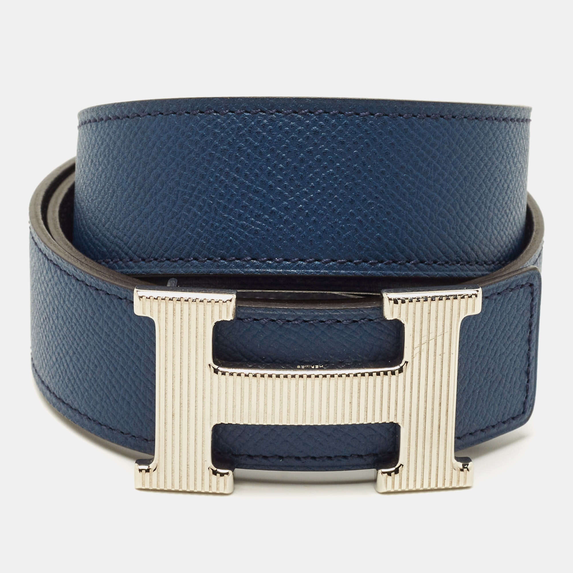

Hermes H Strie  Reversible Buckle Belt Bleu De Malte/Bleu Nuit Epsom and Togo Leather, Blue