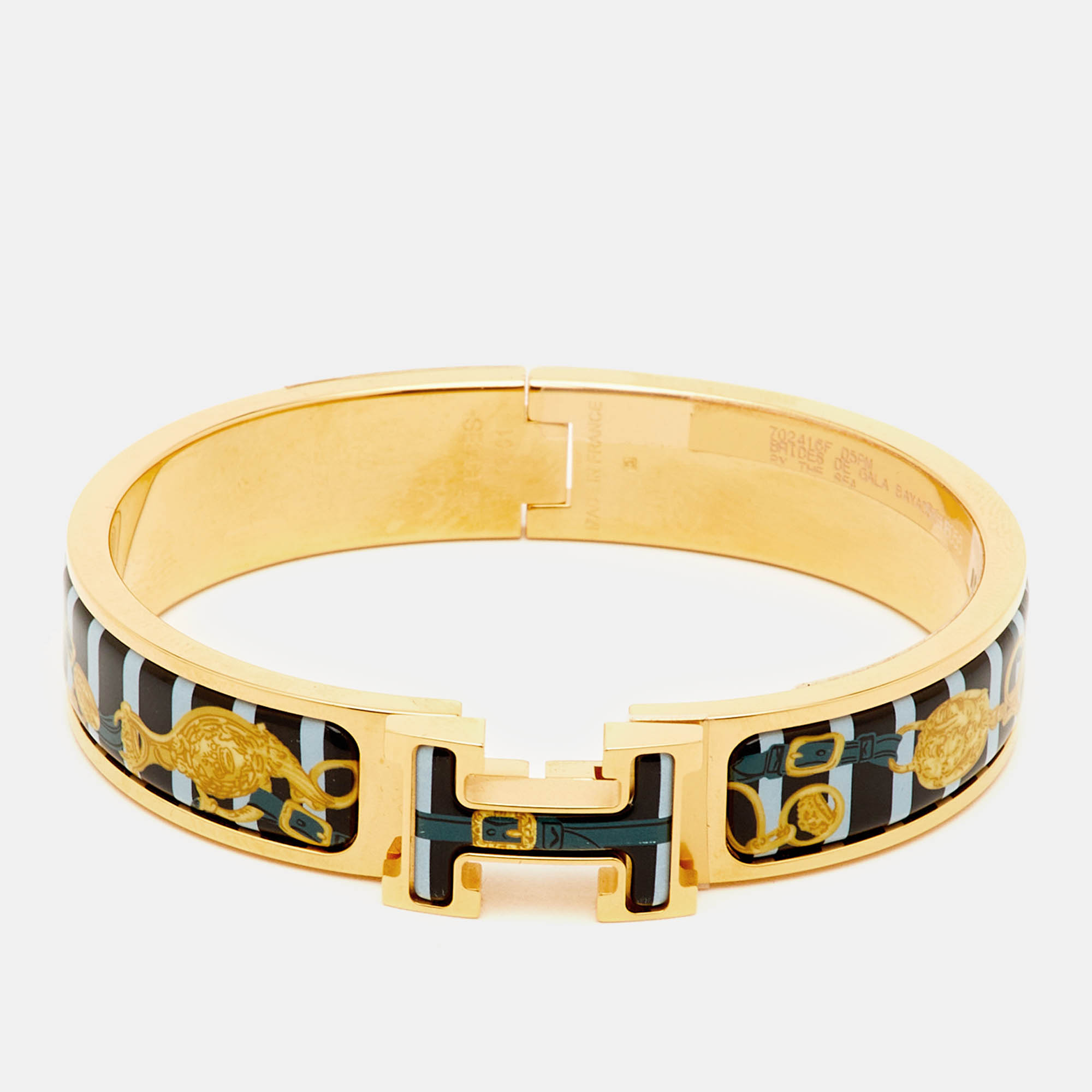 

Hermès Clic H Brides De Gala Bayadere Printed Enamel Gold Plated Bracelet, Blue