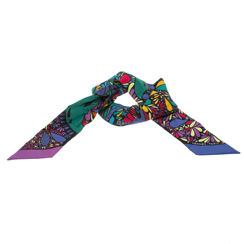 Pre Owned Hermes Millefleurs du Mexique Printed Silk Twilly Scarf