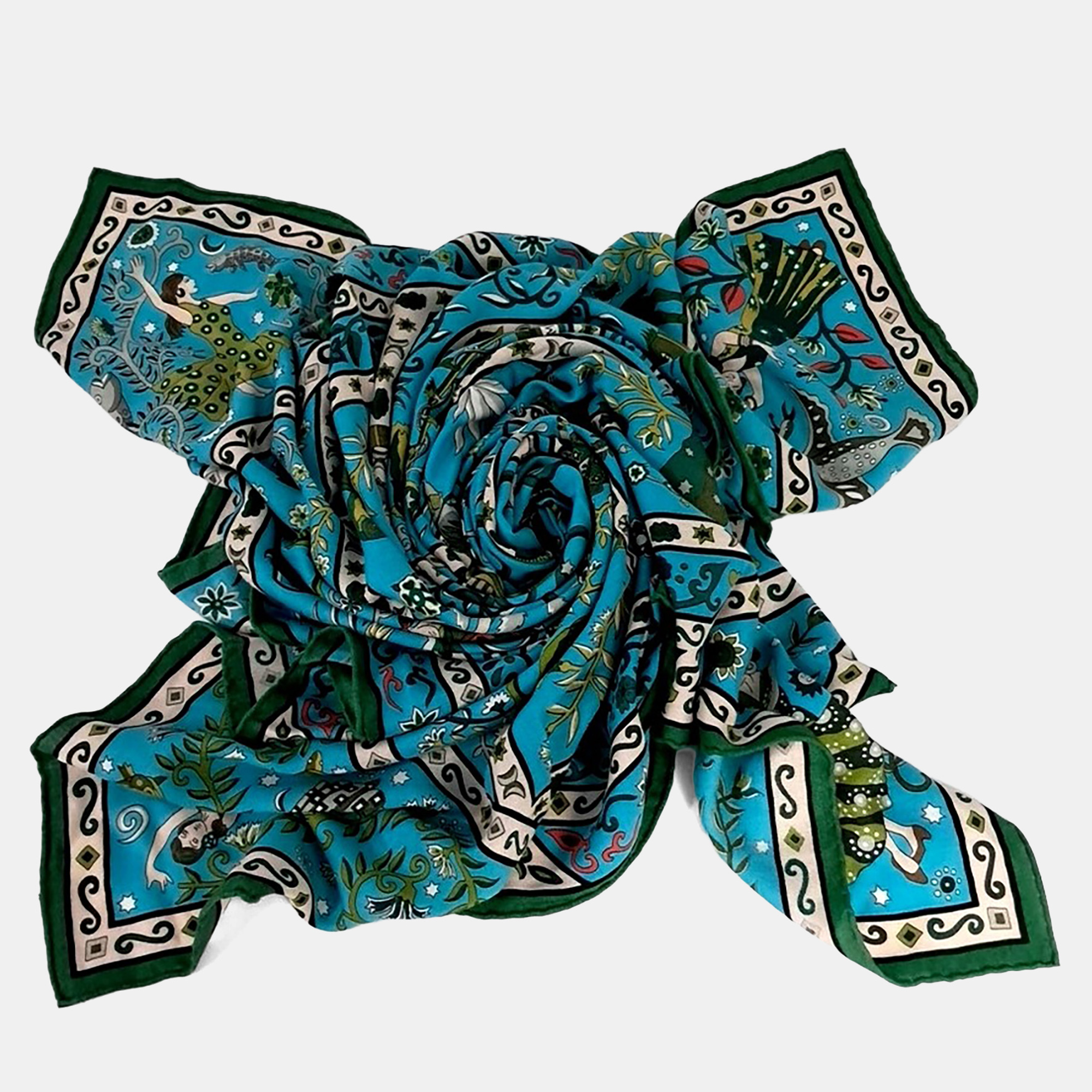 

Hermes Turquoise Vert Peuple Du Vent Cashmere Silk GM Shawl, Blue