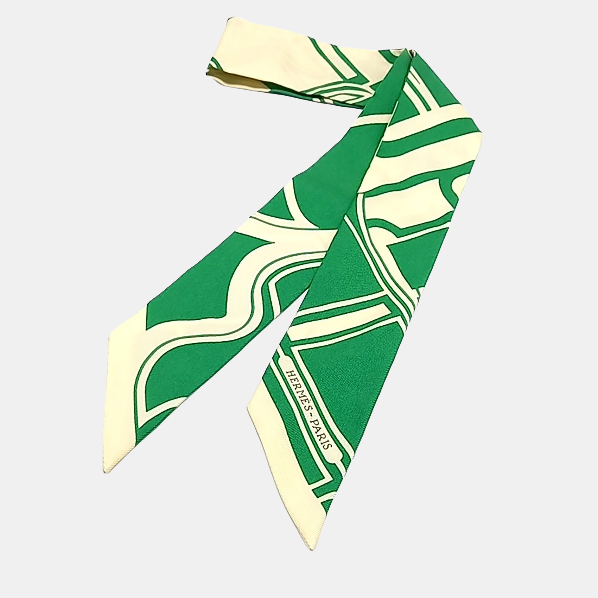 

Hermes Silk Green/White Twilly Scarf