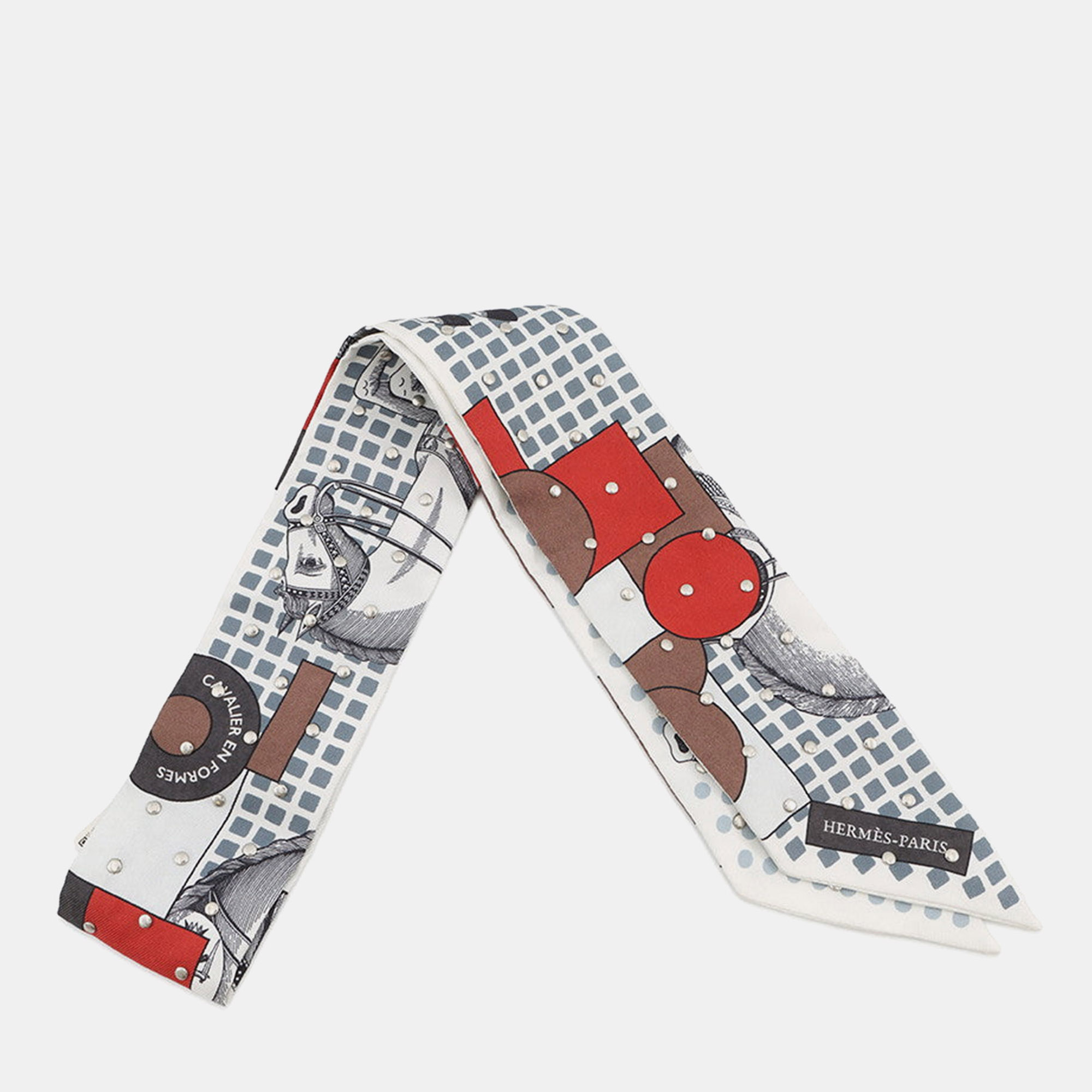 

Hermes Twilly Crouthe Cavalier En Formes Blanc/Gris/Brown Silk, Multicolor
