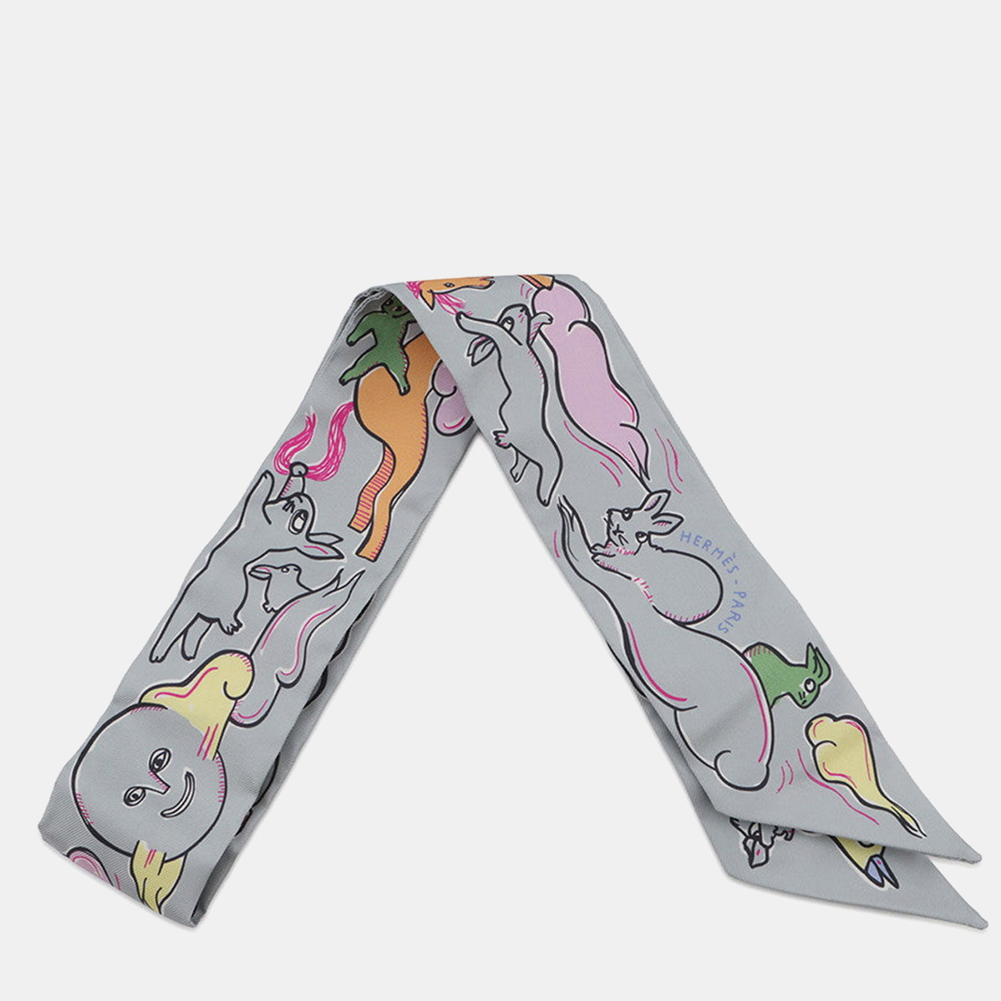 

Hermes Twilly A Thousand And One Rabbits Mille Et Un Lapins Gripere/Rose/Jaune Silk, Multicolor