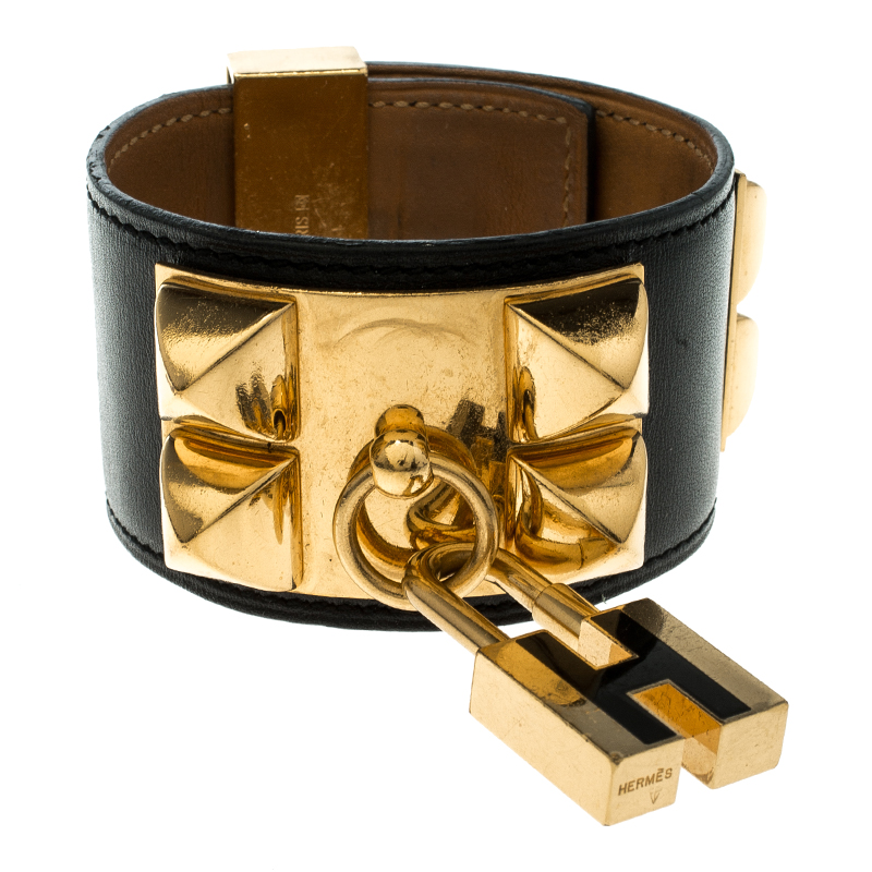 Hermès Collier de Chien Lock Black Leather Gold Plated Wide Cuff Bracelet
