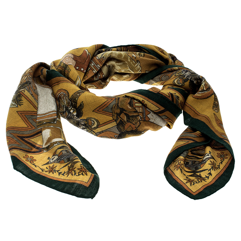 Hermes Mustard and Green Cashmere and Silk Printed Kachinas Scarf