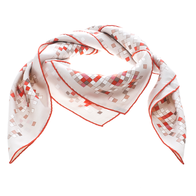 Pre Owned Hermes Orange Mosaique Au 24 Printed Silk Square Scarf