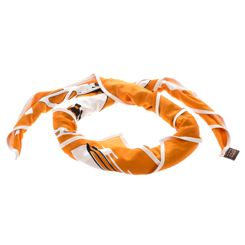 Pre Owned Hermes Orange Caleche Elastique Printed Silk Jersey Square Scarf