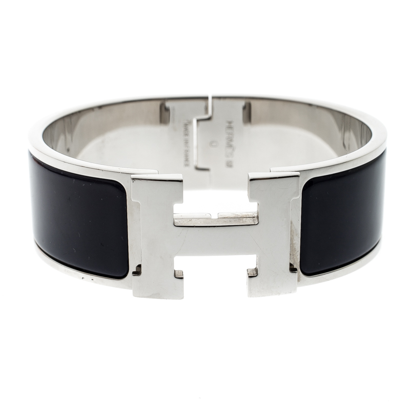Pre Owned Hermes Clic Clac H Navy Blue Enamel Palladium Plated Wide Bracelet PM