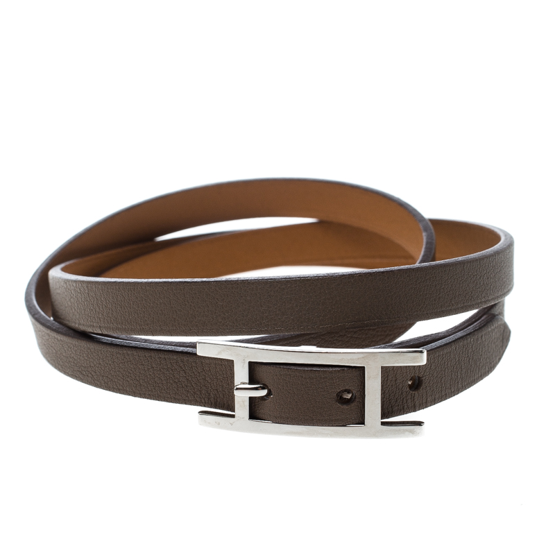 Pre Owned Hermes Hapi 3 Etoupe Leather Palladium Plated Wrap Bracelet S