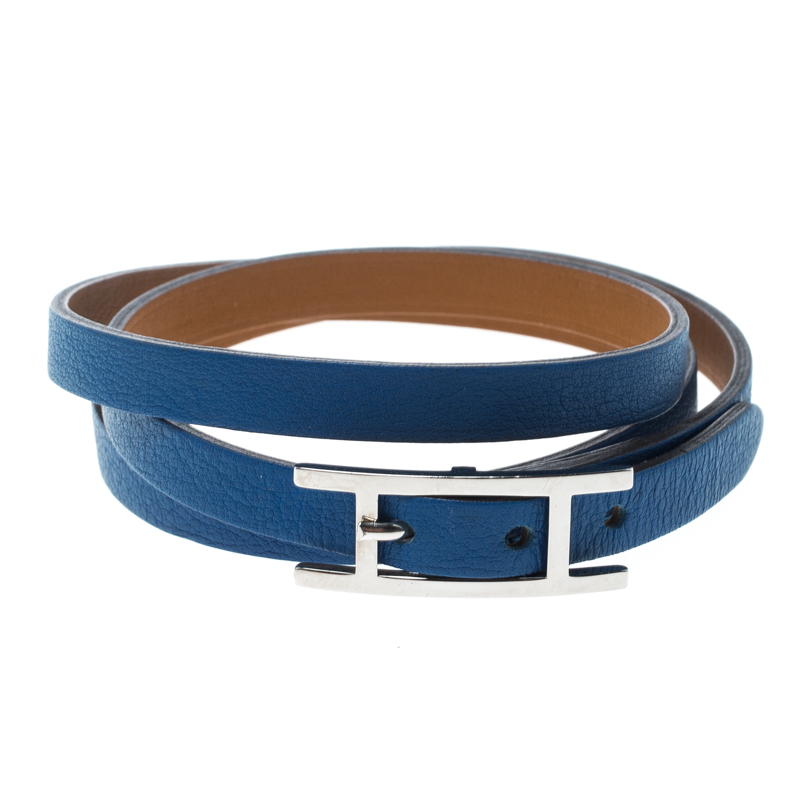 Hermes Hapi 3 Blue Leather Palladium Plated Wrap Bracelet S Hermes ...