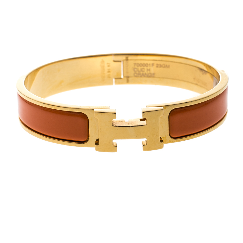 Hermes Clic Clac H Orange Enamel Gold Plated Narrow Bracelet GM