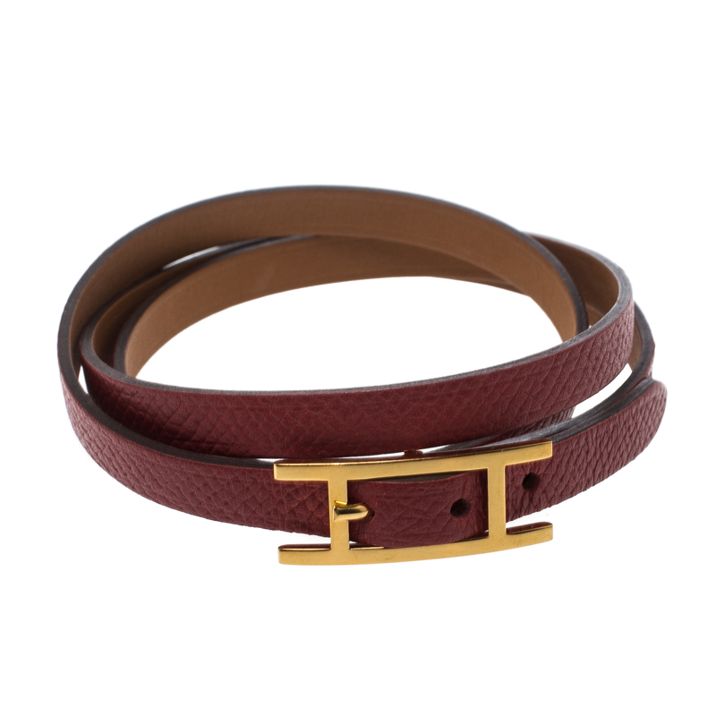 Pre Owned Hermes Hapi 3 Red Leather Gold Plated Wrap Bracelet S