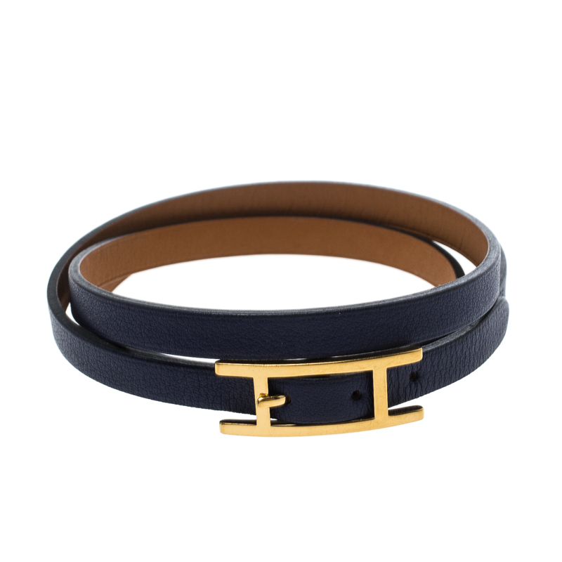 Hermes Hapi 3 Blue Leather Gold Plated Wrap Bracelet M