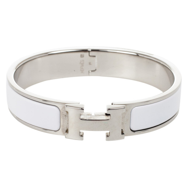 Pre Owned Hermes Clic Clac H White Enamel Palladium Plated Bracelet PM