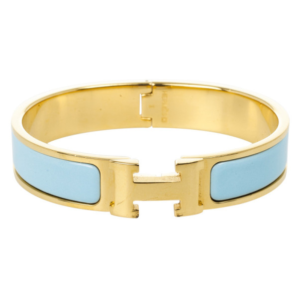 Hemes Clic Clac H Light Blue Enamel Gold Plated Bracelet PM