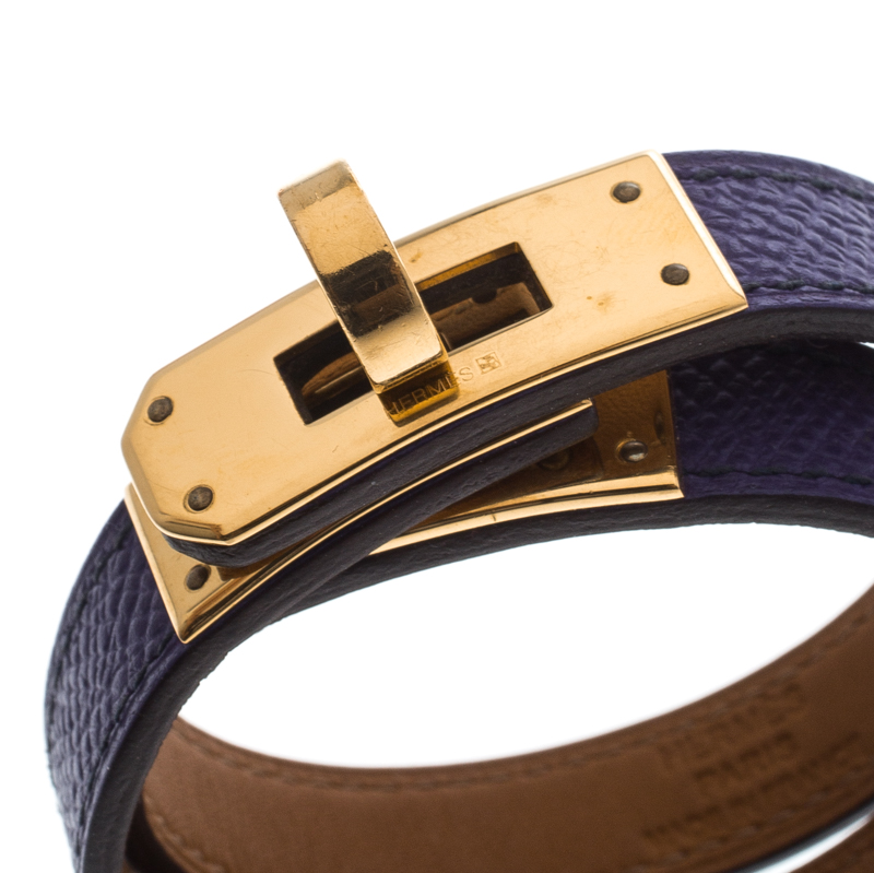 Hermes Kelly Double Tour Purple Leather Gold Plated Wrap Bracelet S